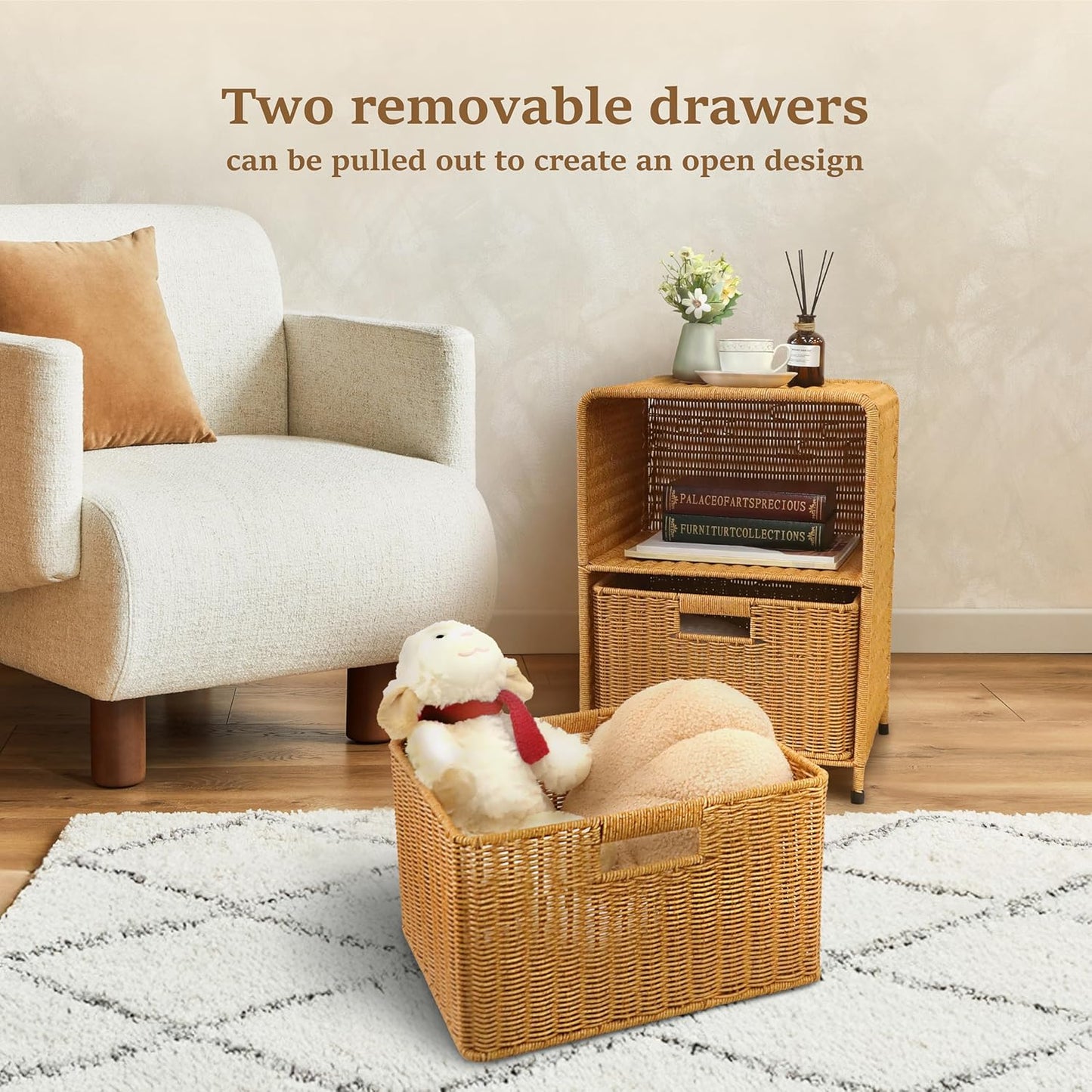 myHomeBody Wicker Nightstand with Drawers, Bed Side Table Bedroom, End Table with Storage, Small Storage Cabinet, Drawers for Bedroom, Latte