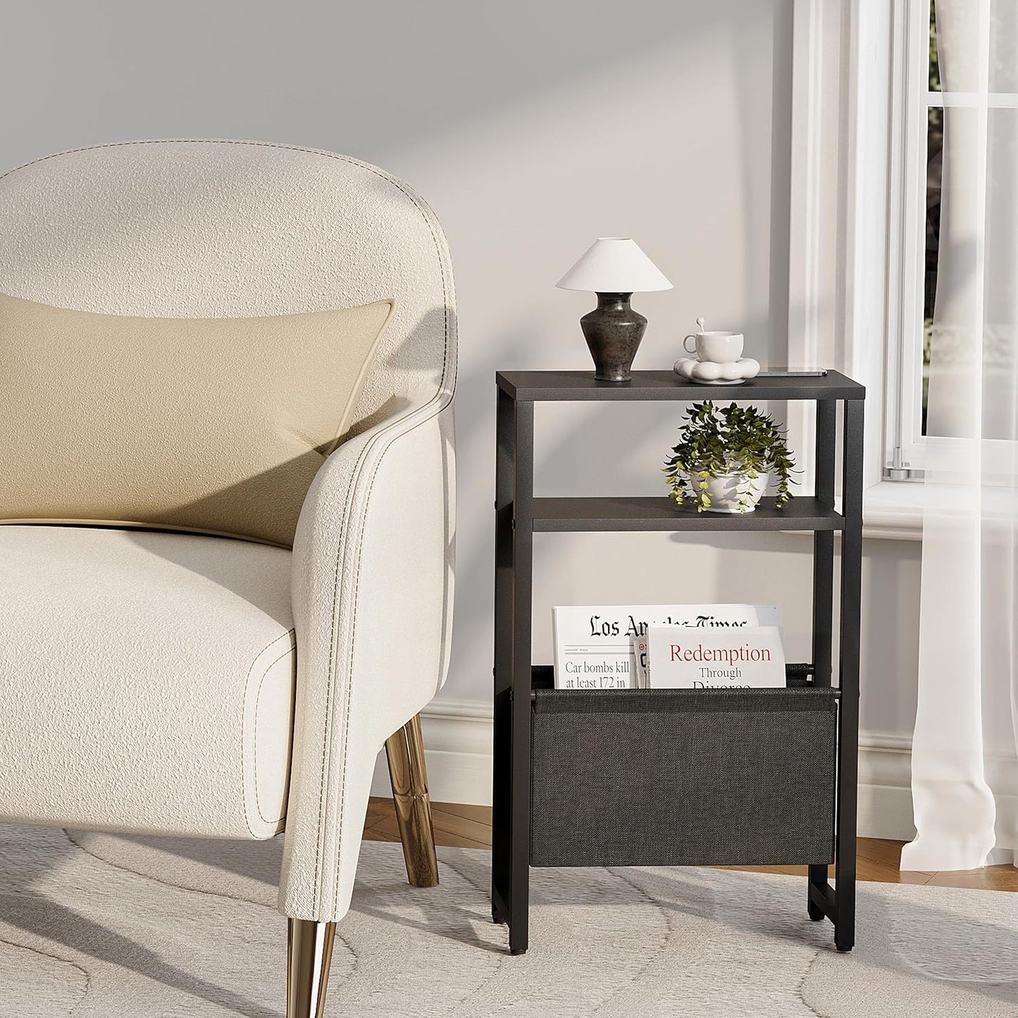 Narrow Side Table, Slim End Table with Magazine Rack, Bedside Table for Small Spaces, 3 Tier Sofa Couch Table Nightstand for Living Room, Bedroom Black LET503B