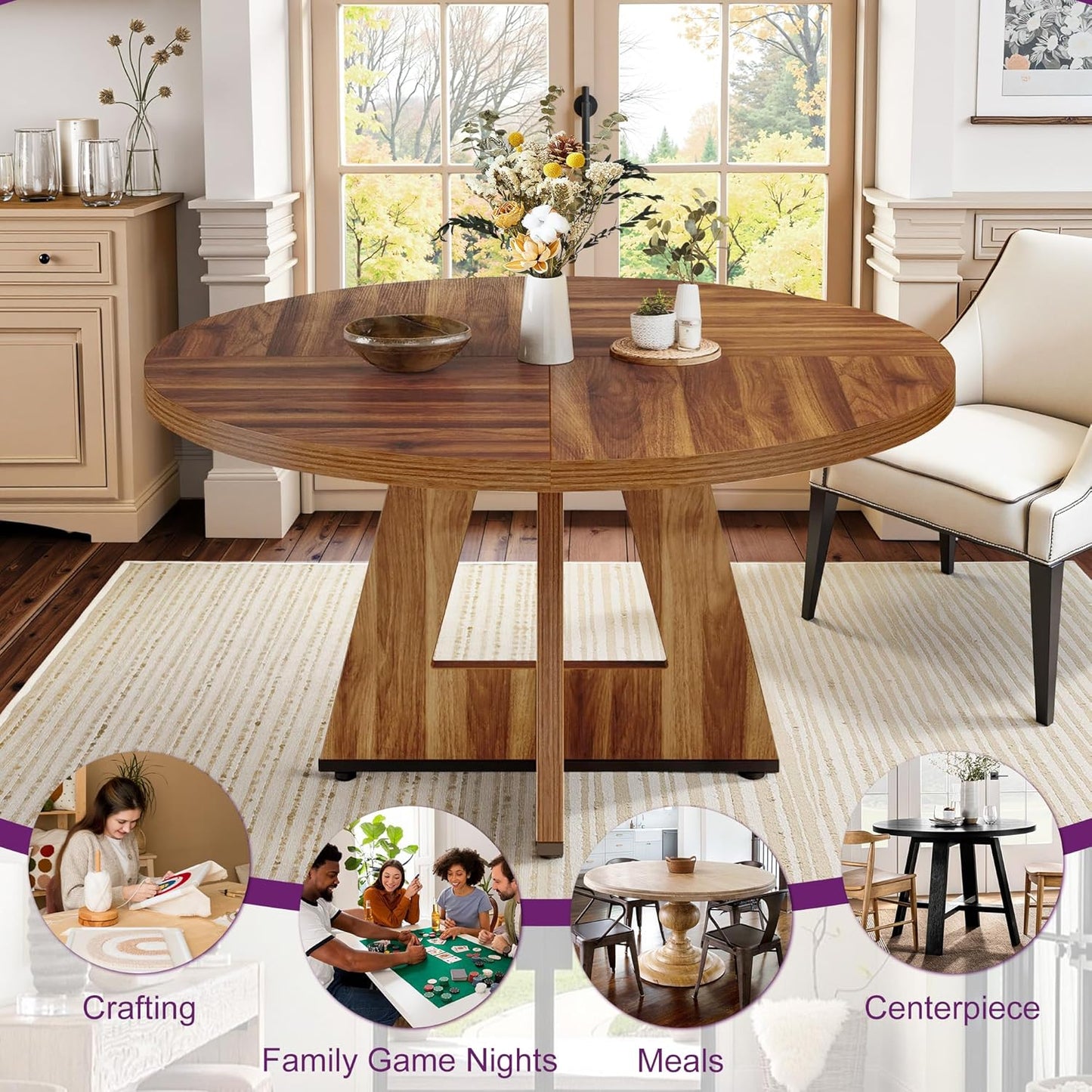 Round Dining Table for 4, 47" Wooden Kitchen Dinner Table Rustic, Farmhouse Table for Dining Room, Living Room, Brown