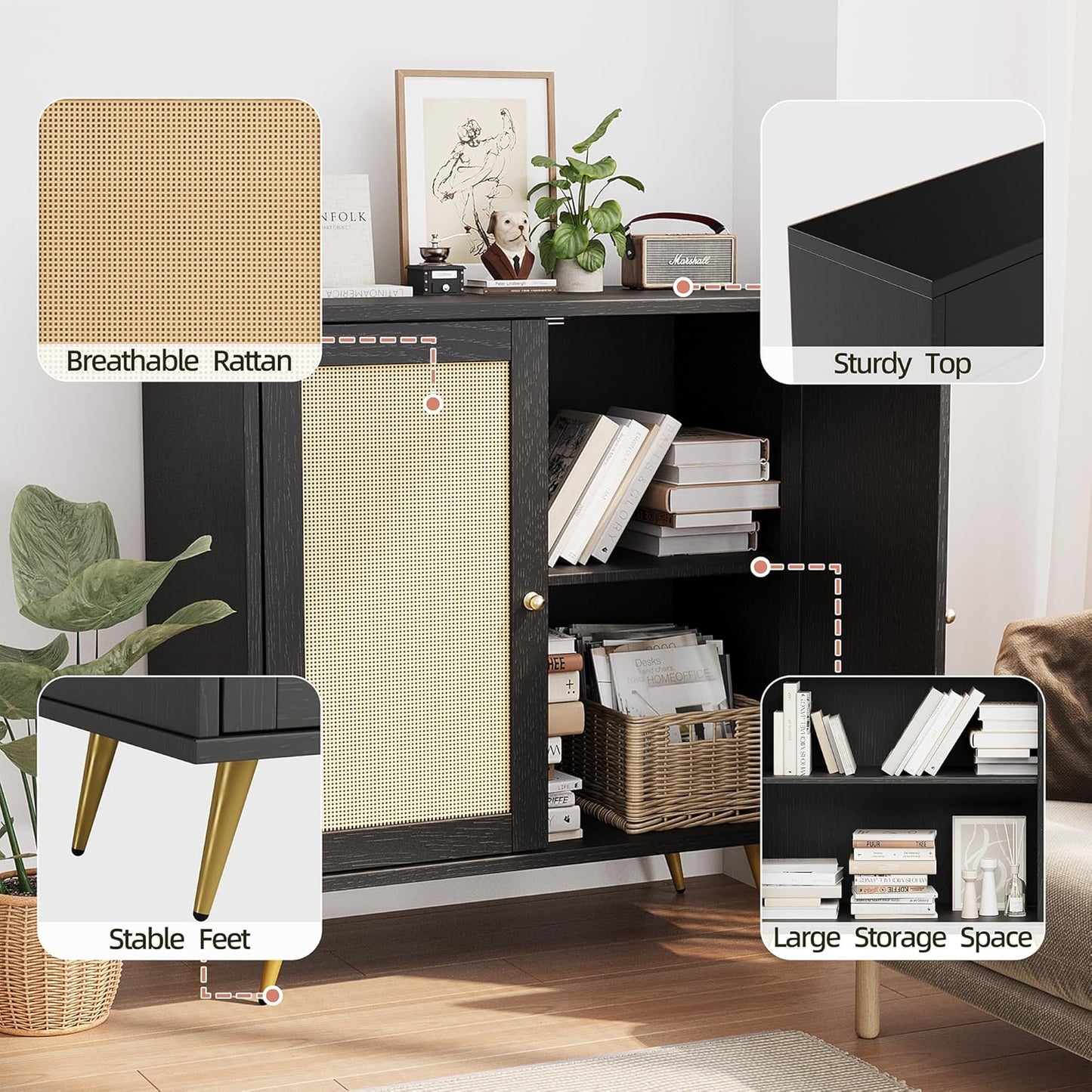 Shintenchi Rattan Buffet Cabinet with Storage, Sideboard Buffet Cabinet with Rattan Decor Doors, Modern Wood Cupboard for Kitchen Living Room Dining Room Hallway Entry,Black