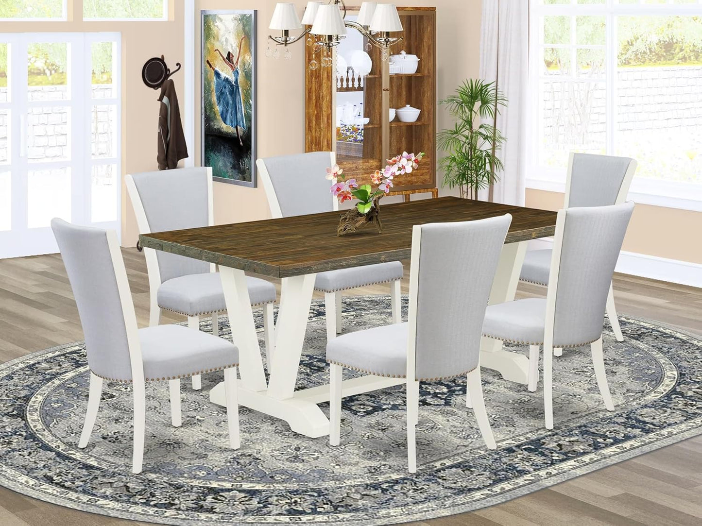 East West Furniture V077VE005-7 7 Piece Dining Room Furniture Set Consist of a Rectangle Dining Table with V-Legs and 6 Grey Linen Fabric Parsons Chairs, 40x72 Inch, Multi-Color
