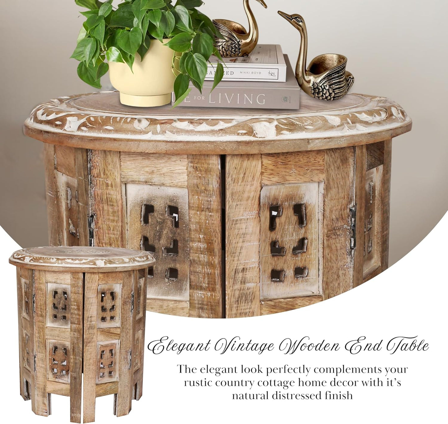 Versatile Octagonal Wooden Table – 12" Round Top, 12" Height – Rustic White-Wash Coffee Table, Side Table, or End Table for Living Room, Bedroom, or Kids’ Room