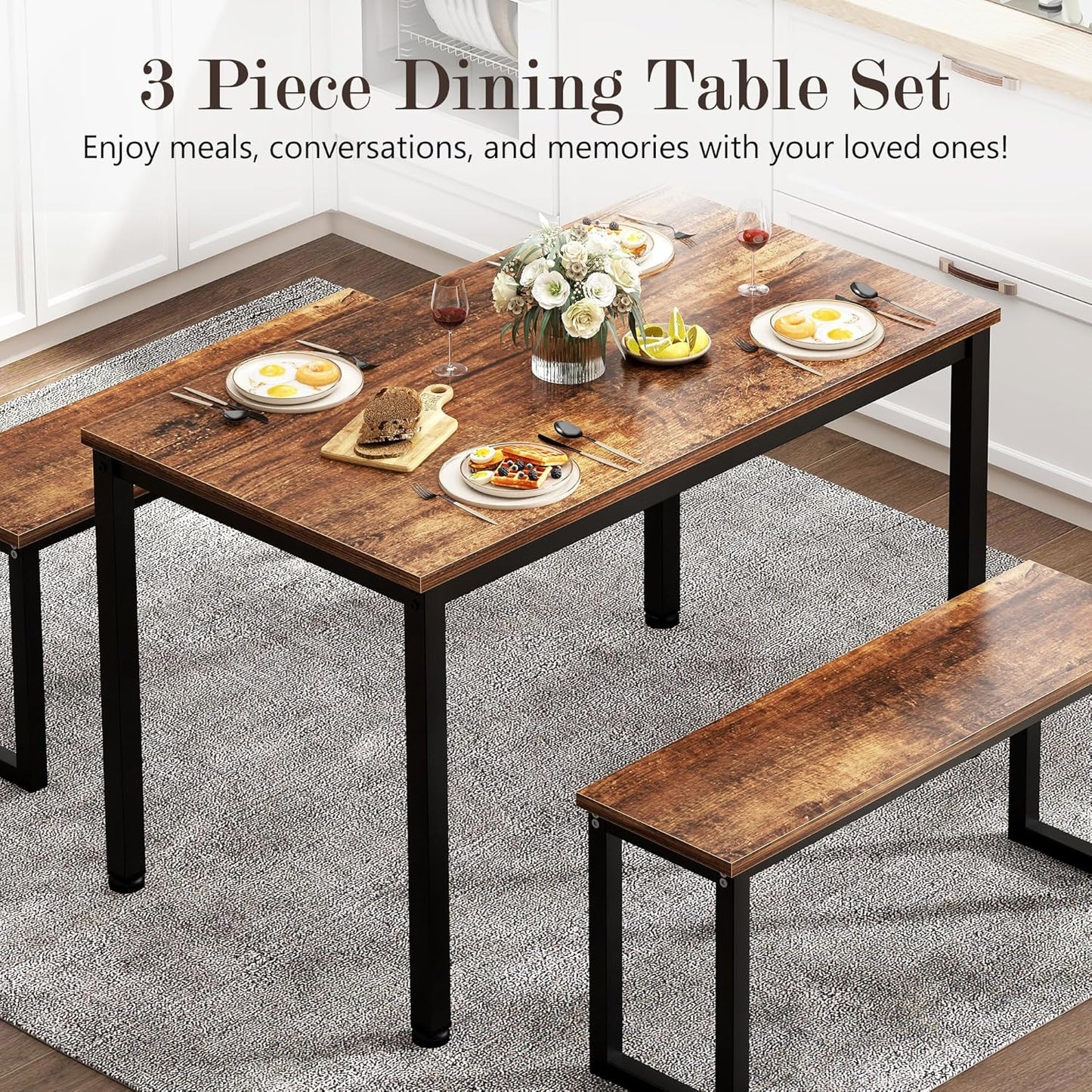 soges 39.4 in Kitchen Table Set with 2 Benches, Dining Table Set for 4, 3 Piece Wooden Industrial Style Dining Room Table and Long Benches, Breakfast Table Coffee Table Set, Retro