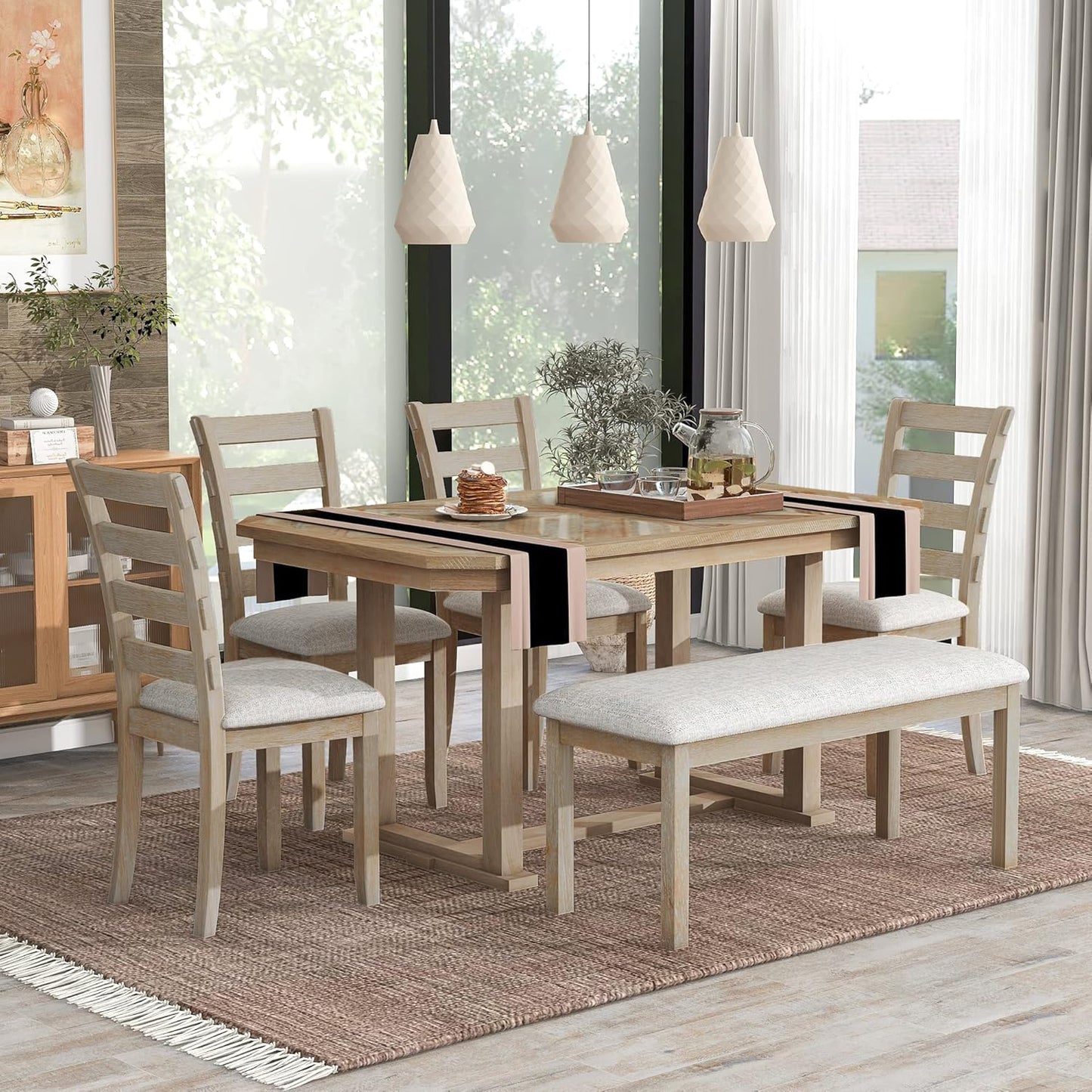 Ball & Cast 6 Piece Wood Dining Table Set with 4 Upholstered Chairs & 1 Bench,Kitchen Table and Chairs for 6 W/ 51.8" Rectangle Desk,for Restaurant,Home Bistro,Natural Wood Wash