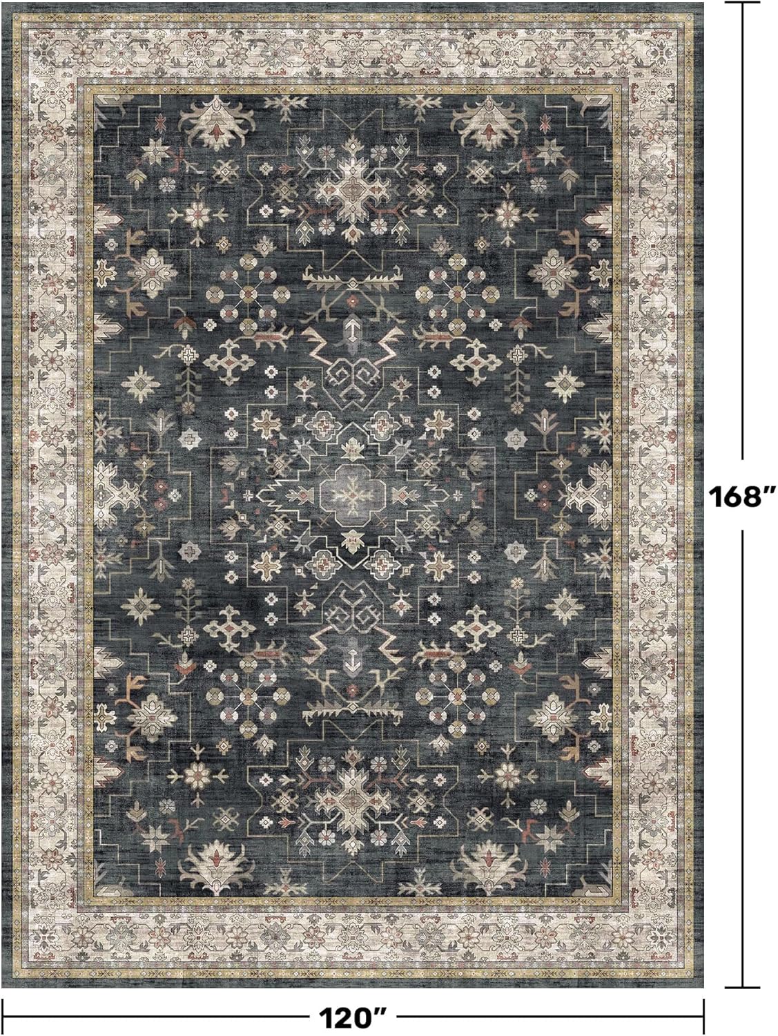 Boho Black Rug for Living Room - Washable 10x14 Area Rug, Dining Room Rugs for Under Table, Soft Low Pile Carpet for Large Bedroom - Farmhouse Decor, Non-Slip & Stain Resistance (10x14 Black/Multi)
