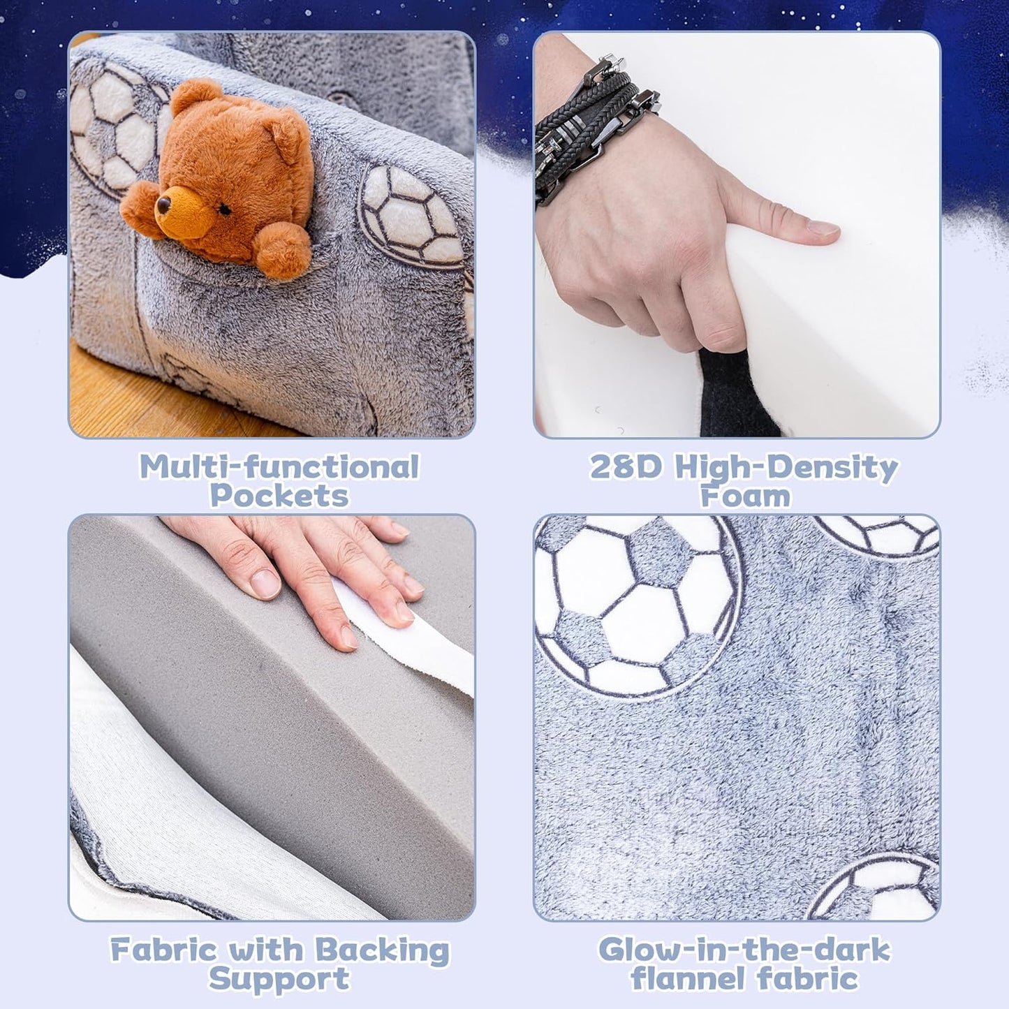 Lamerge 2-in-1 Soft Toddler Couch Fold Out,Foldable Toddler Chair, Glow in The Dark Kids Sofa for playroom,Convertible Foam and Floor Cushion for Boys and Girls (Grey and Football)