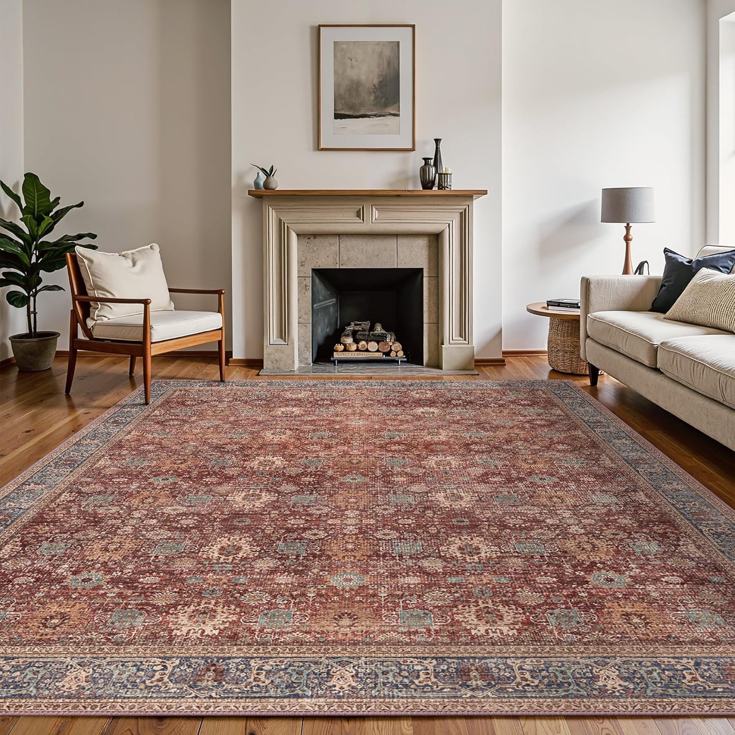 10X14 Area Rugs Machine Washable Rugs for Living Room, Vintage Boho Large Rugs for Bedroom Dining Room, Non Slip Indoor Soft Distressed Lightweight Thin Low Pile Carpet, Red Brown