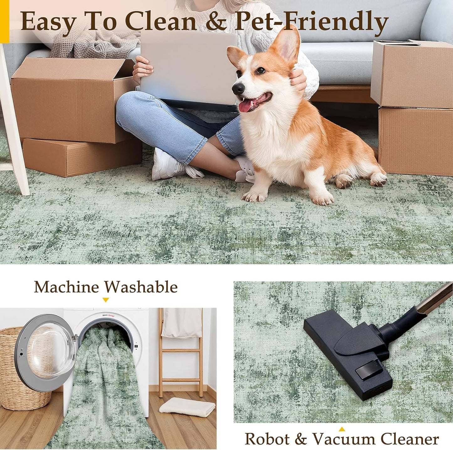 5x7 Washable Area Rug Dark Green Modern Neutral Abstract Living Room Bedroom Indoor Floor Carpet Low Pile Soft Non-Slip Lightweight Vacuumable Throw Rug for Kitchen Nursery Dining Room