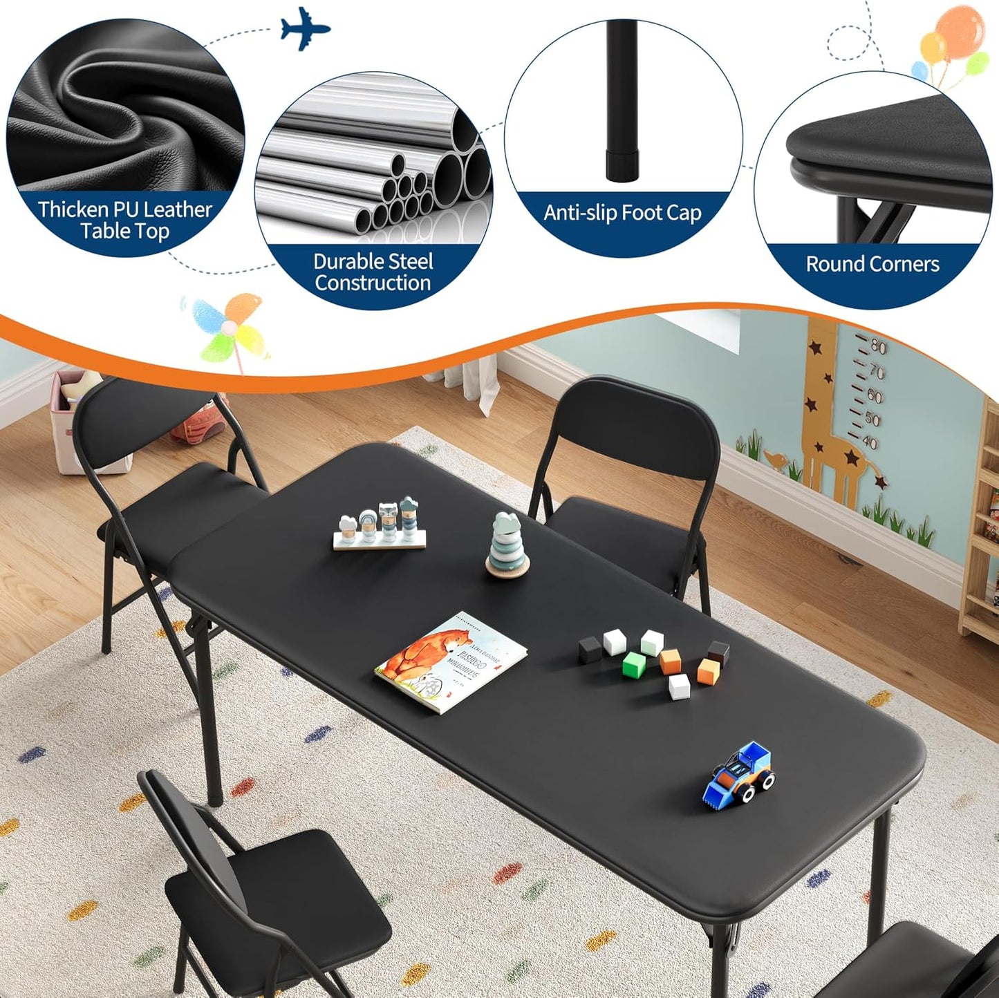 IDEALHOUSE 5 Piece Boys Girls Folding Table and Chairs Set, Activity Table and Chairs Set for Dining Room,Daycare,Classrooms