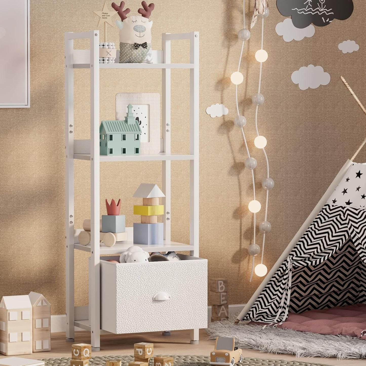 Furologee White 4 Tier Bookshelf with Drawer, Small Narrow Bookcase with Shelves, Modern Free Standing Shelf Unit, Wood and Metal Display Storage Shelves Organizer for Bedroom, Living Room, Entryway