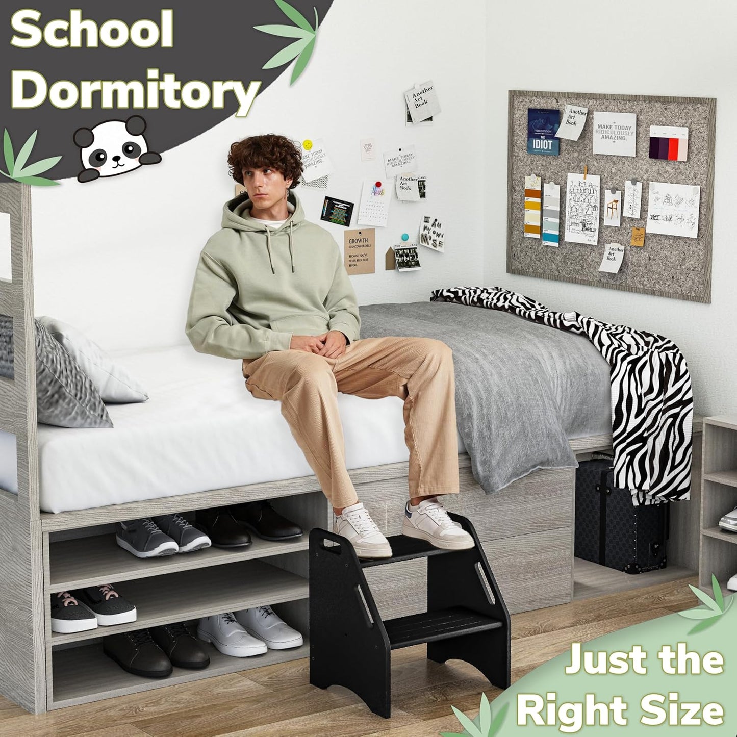 AMBIRD Wooden Step Stool, 15.75'' H Potty Training Toddler 300 lbs Capacity with Safety Non-Slip Pads and Handles, Step Stools for Kids, Bamboo 2-Step Stool for Bathroom, High Beds (Black)