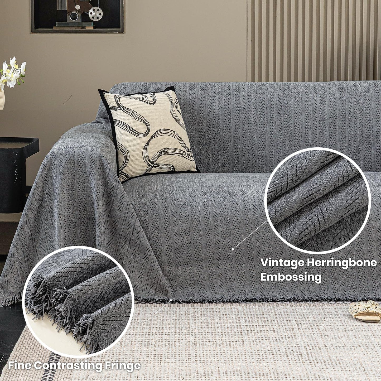 Nobildonna Sofa Chair Cover Waterproof Soft Thicken Chenille Cushion Couch Cover with Tassels,Washable Sofa Slipcovers for Armchair Recliner Sectional Furniture Protector, Dark Gray 71"x71"