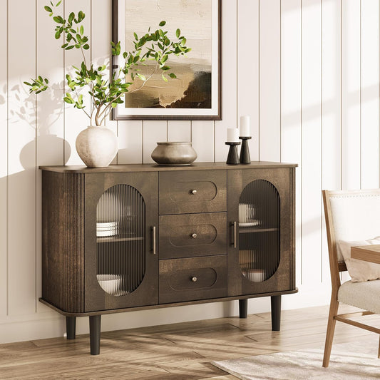 GarveeHome 47.2" Sideboard Buffet Cabinet with 2 Fluted Glass Doors & 3 Drawers, Modern Farmhouse Accent Coffee Bar with Adjustable Shelves for Kitchen, Living Room, Hallway, Walnut