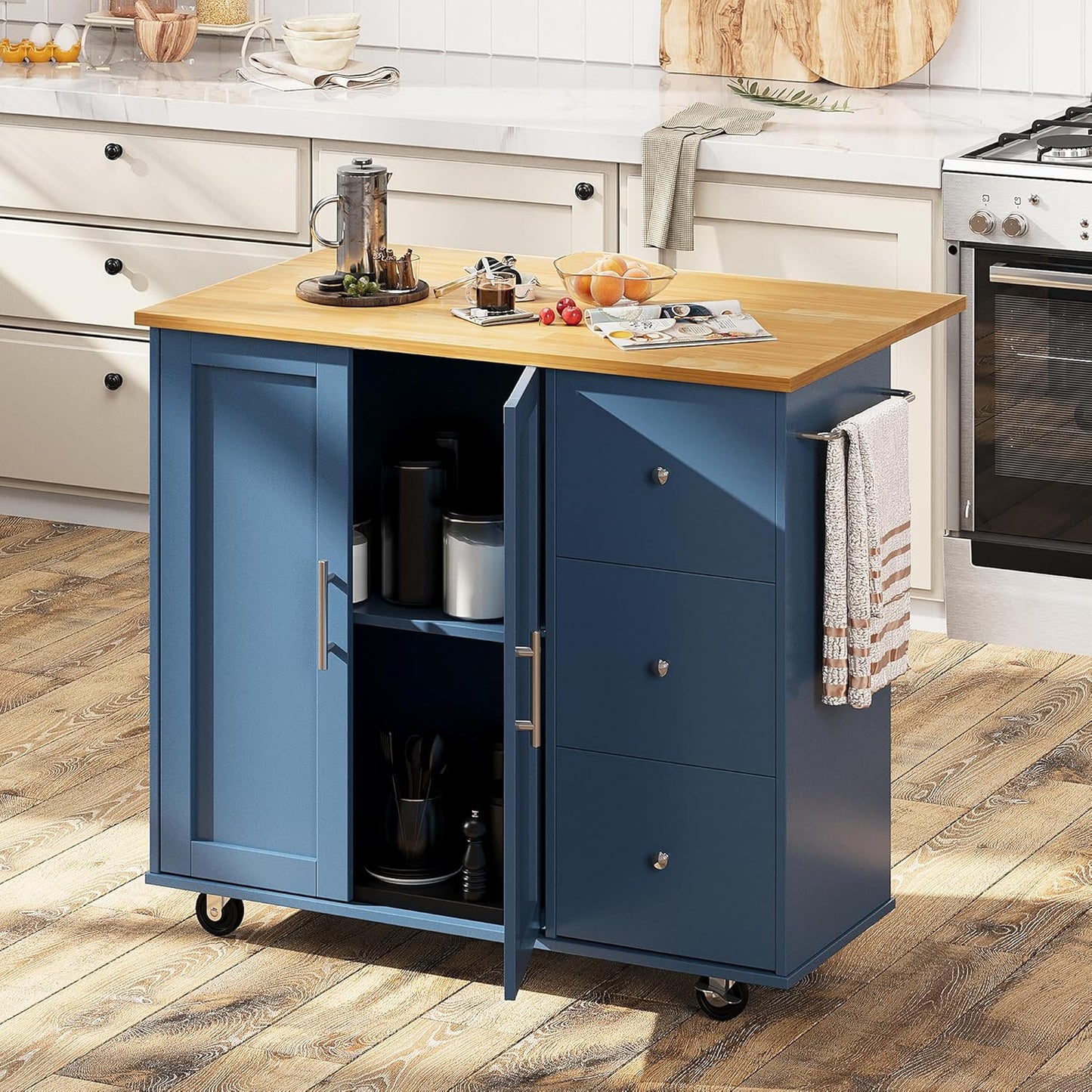 Shintenchi Rolling Kitchen Island Cart with Folding Drop Leaf Breakfast Bar, Portable Trolley Island with Large Storage Cabinet, Shelf and Drawer, Blue