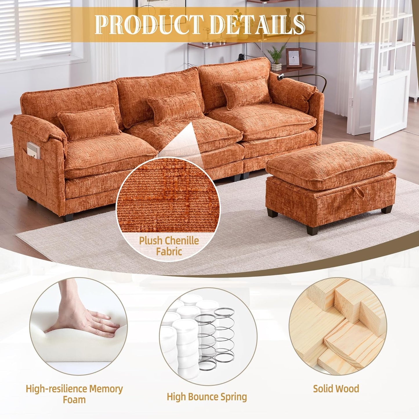 Ball & Cast 109" Oversized Sectional Sofa,Comfy Cloud Couch W/Movable Storage Ottoman,L Shaped Sectional Sofa W/USB Charging Port,Phone Holder&Side Pocke,Chenille Fabric,for Living Room,Orange