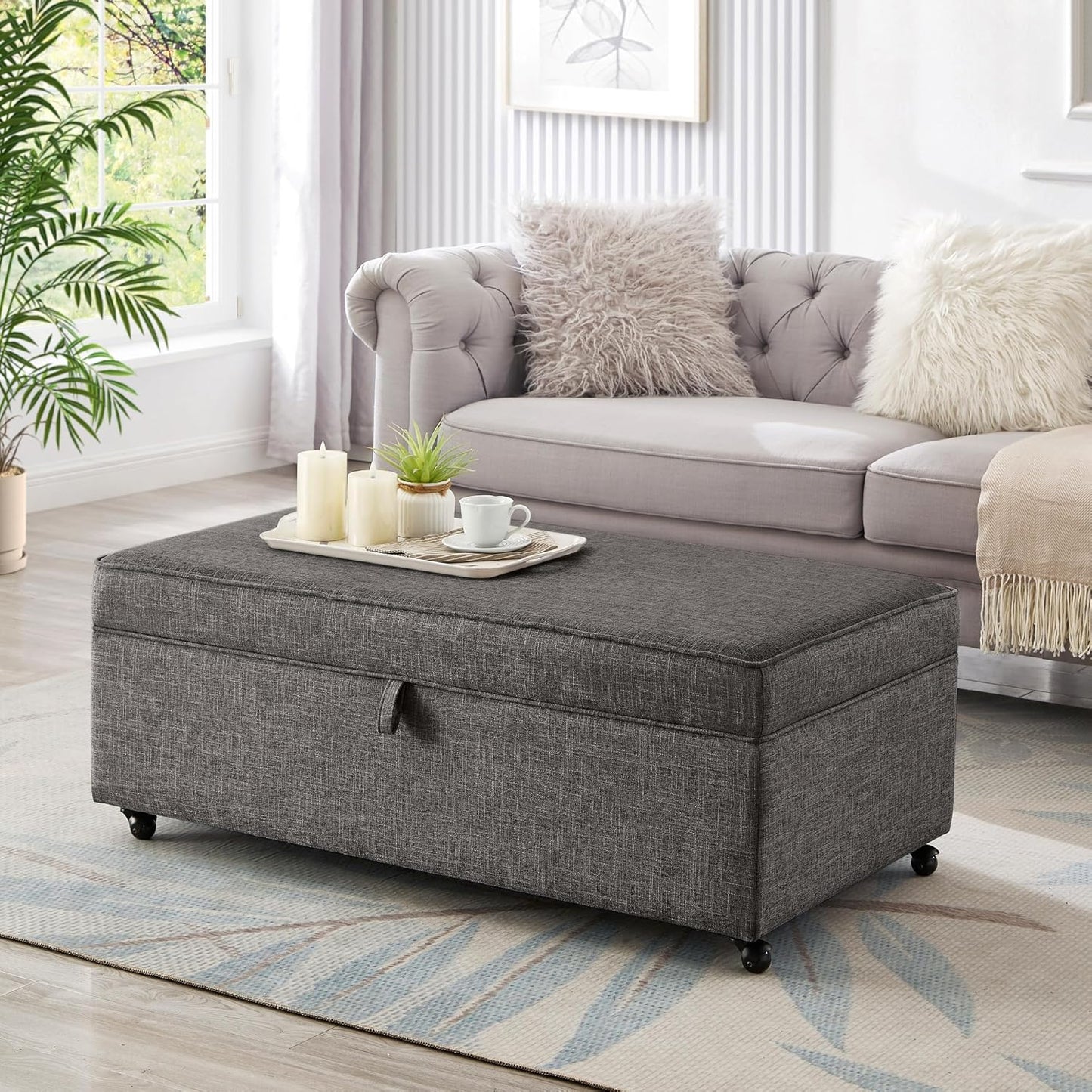 45" Modern Sofa Ottoman with Storage,Linen Upholstered Storage Bench with Rotation Casters and Safety Hinge, for Living Room,Charcoal Grey