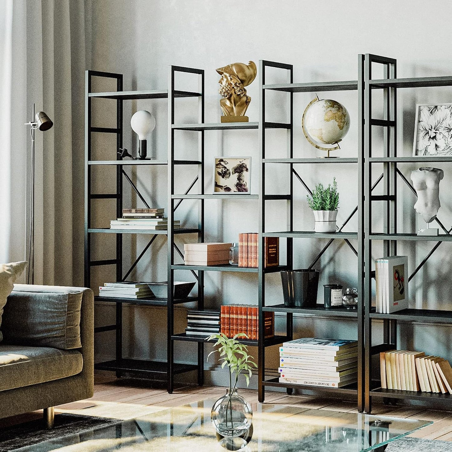 IRONCK Bookcases and Bookshelves Triple Wide 5 Tiers Industrial Bookshelf, Large Etagere Bookshelf Open Display Shelves with Metal Frame for Living Room Bedroom Home Office