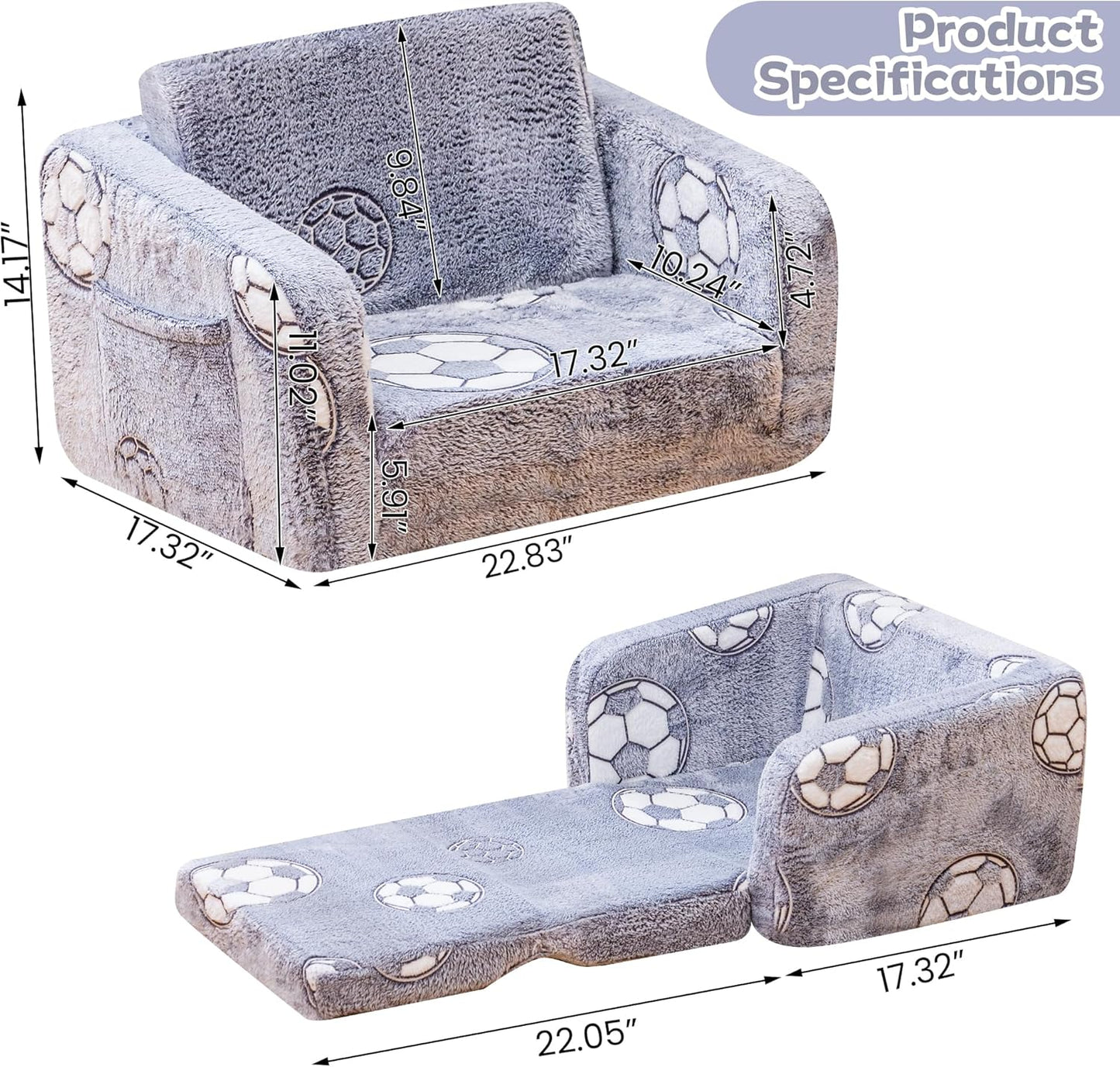 Lamerge 2-in-1 Soft Toddler Couch Fold Out,Foldable Toddler Chair, Glow in The Dark Kids Sofa for playroom,Convertible Foam and Floor Cushion for Boys and Girls (Grey and Football)