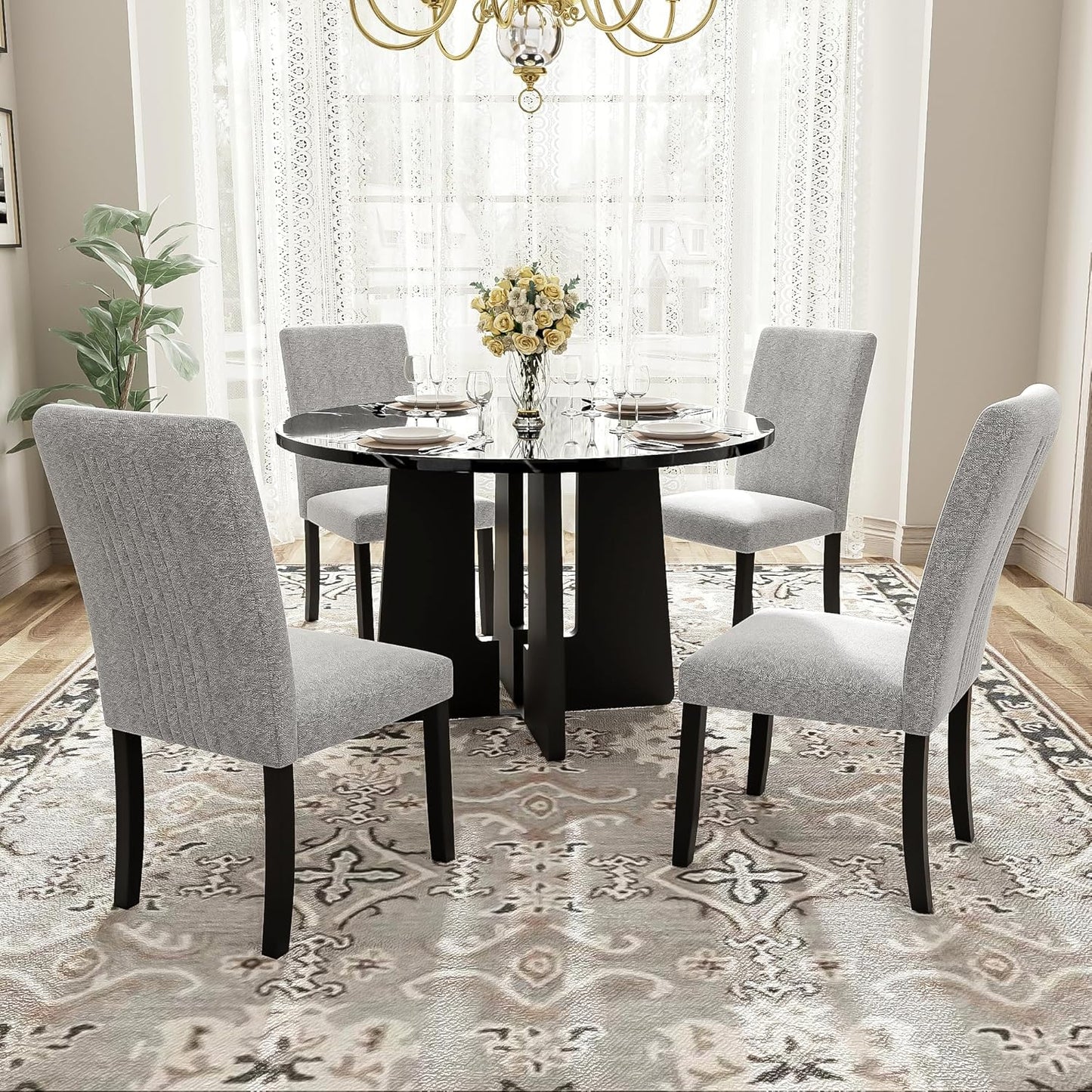 Ball & Cast Dining Table Set for 4,5-Piece Kitchen Table Set W/ 43" Round Faux Marble Bar Table,Living Room Furniture W/ 4 Linen Upholstered Chairs,for Dining Room,Kitchen,Restaurant,Grey+Black
