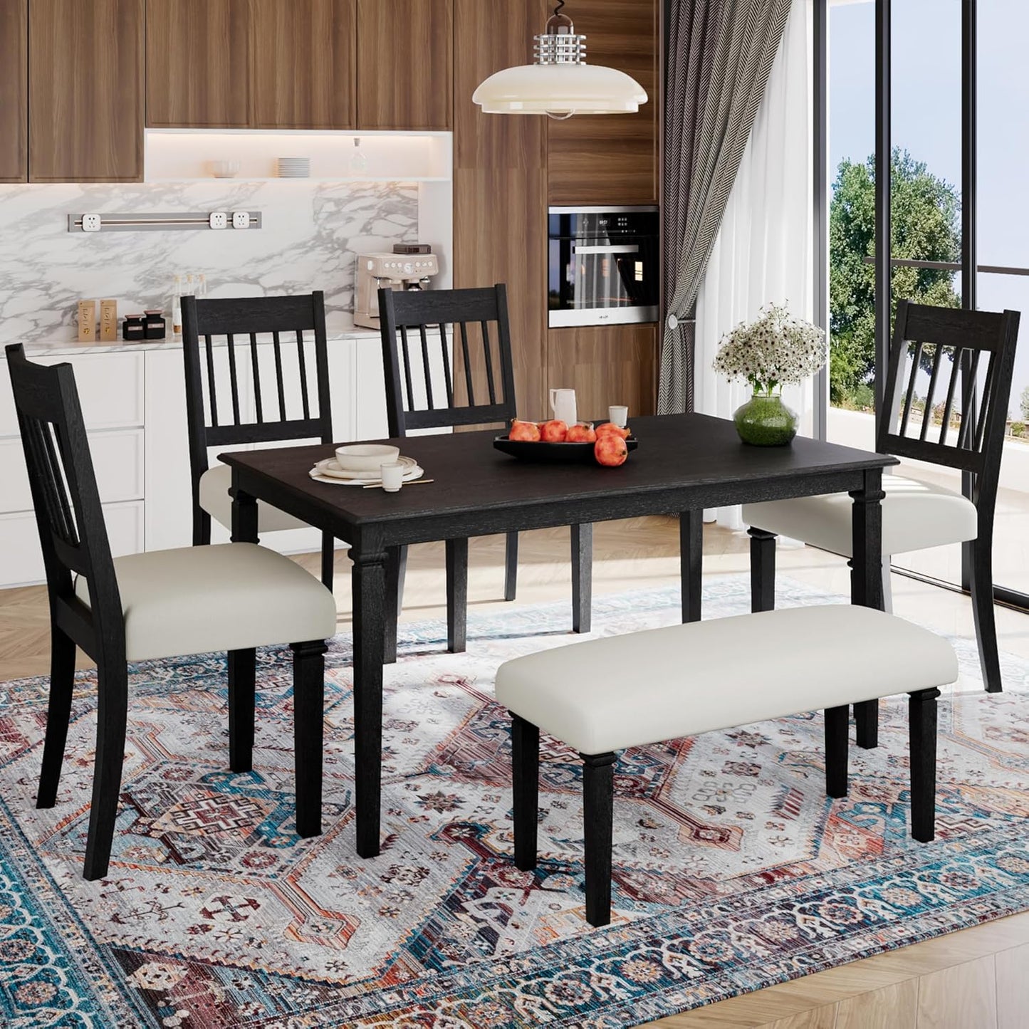 Merax 6-Piece Retro Dining Table Set, 6 Seats Wooden Rectangular Table, with 4 Chairs & 1 Bench for Kitchen Room, Classic Furniture, Dovetall Grey