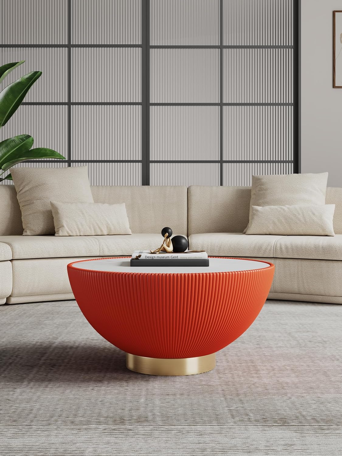 Manhattan Comfort Anderson Modern 28.15" Round Coffee Table 2.0 - Ceramic Marble Tabletop, Elegant Pleated Leatherette Details & Gold Base, Fully Assembled Accent Furniture, Set of 1, Orange
