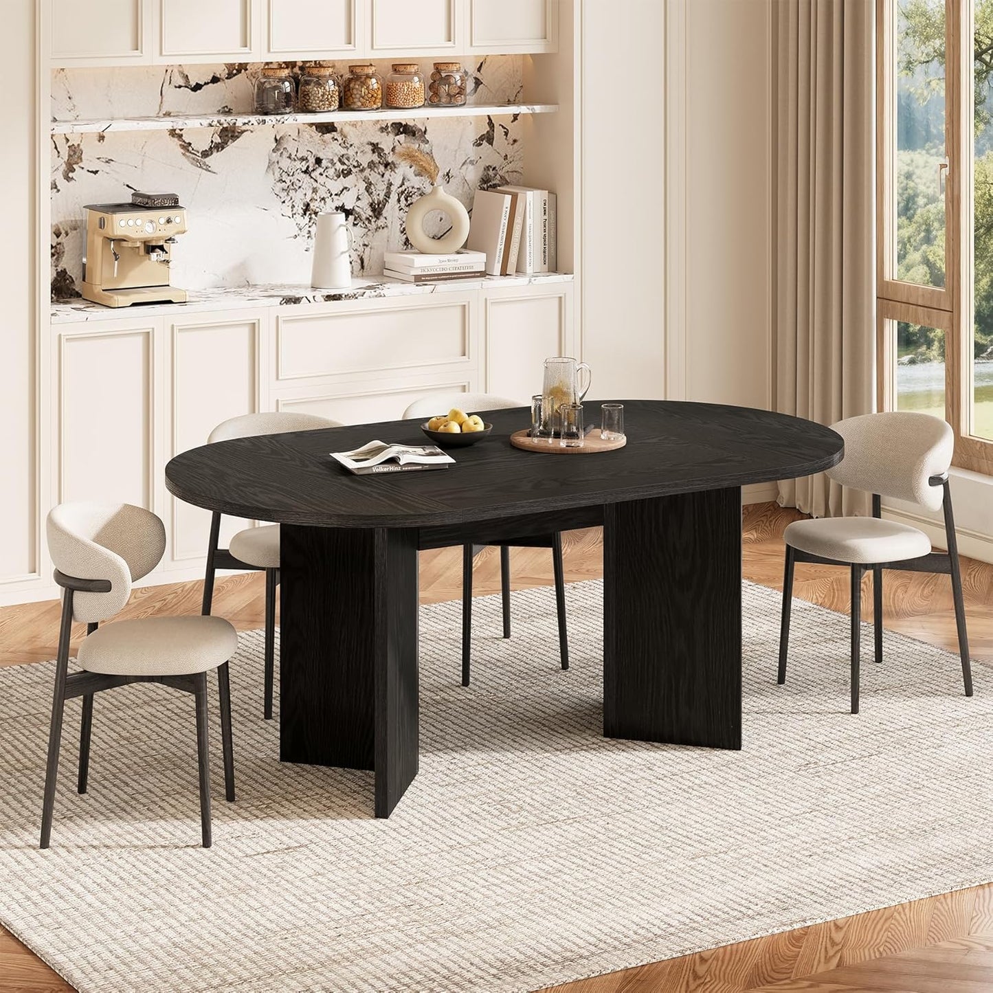 LITTLE TREE 63" Rustic Oval Dining Table for 4-6, Sturdy MDF Farmhouse Kitchen Table with Metal Strip Base, for Living Room, Office, Restaurant, Multi-Use, Black