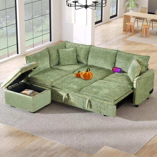 Ball & Cast 82.67" L-Shaped Sectional Pull Out Sofa with Two USB Ports,4-Seater Convertible Couch w/Power Sockets and Movable Storage Ottoman,for Living Room,Apartment,Green