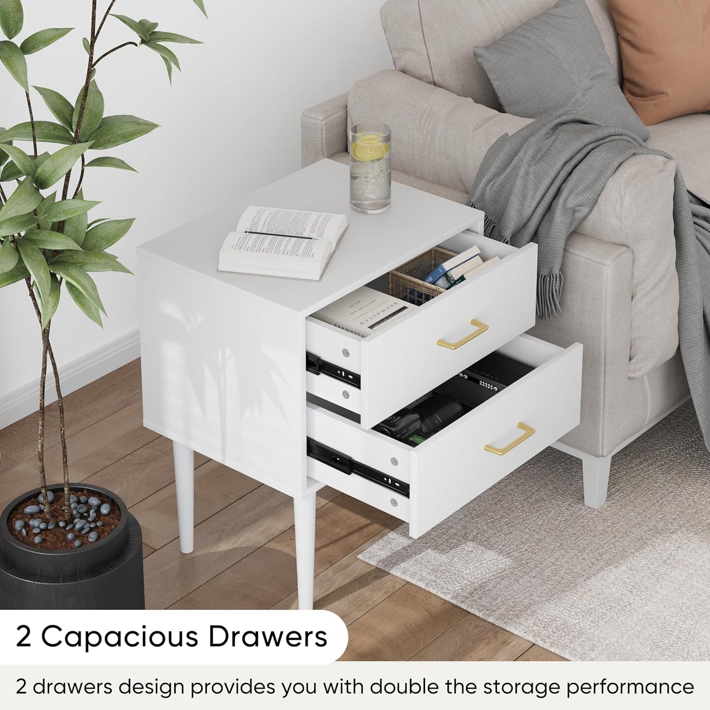 White Nightstand with 2 Drawers, 26" Tall Modern Bedside Table, Mid-Century Modern End Table, Wood Night Stand with Solid Wood Leg for Bedroom, Office