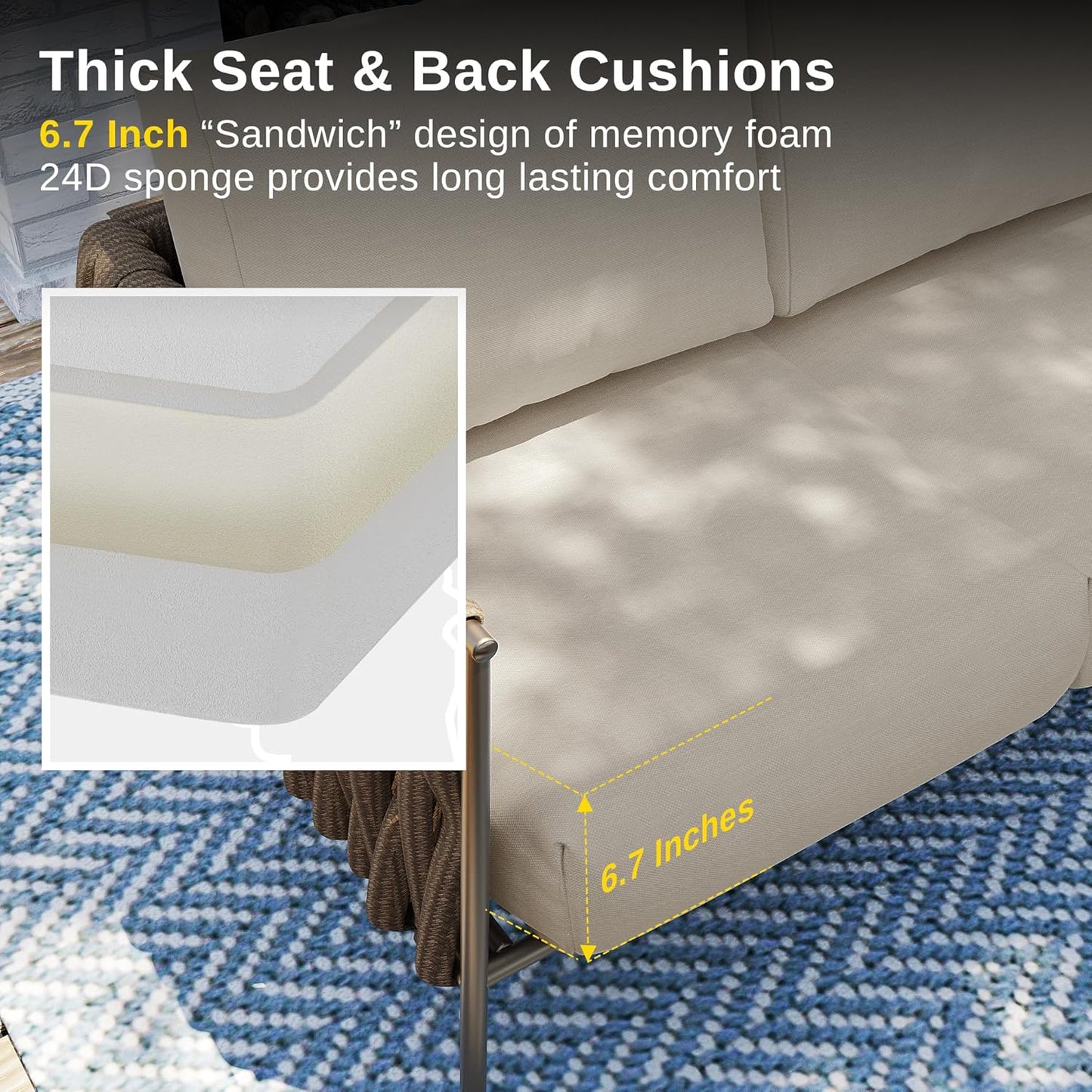 EAST OAK Life Chatter Patio Furniture Set 5 Pieces, Outdoor Furniture 5-Seat Sofa with Two Round Coffee Table, Waterproof Thick Cushion Deep Seating for Porch, Balcony, Chestnut Brown & Creamy Apricot