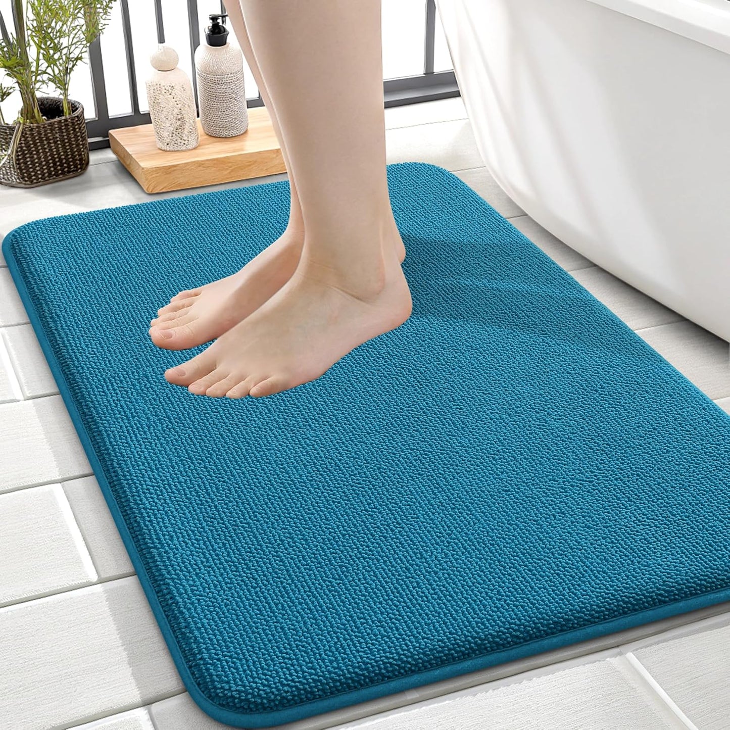 OLANLY Thick Memory Foam Bath Mat Rug 24x16, Extra Soft Absorbent Bathroom Rug, Quick Dry Bath Mat, Non-Slip, Machine Washable Carpet for Bathroom, Tub and Shower, Home Decor Accessories, Peacock Blue