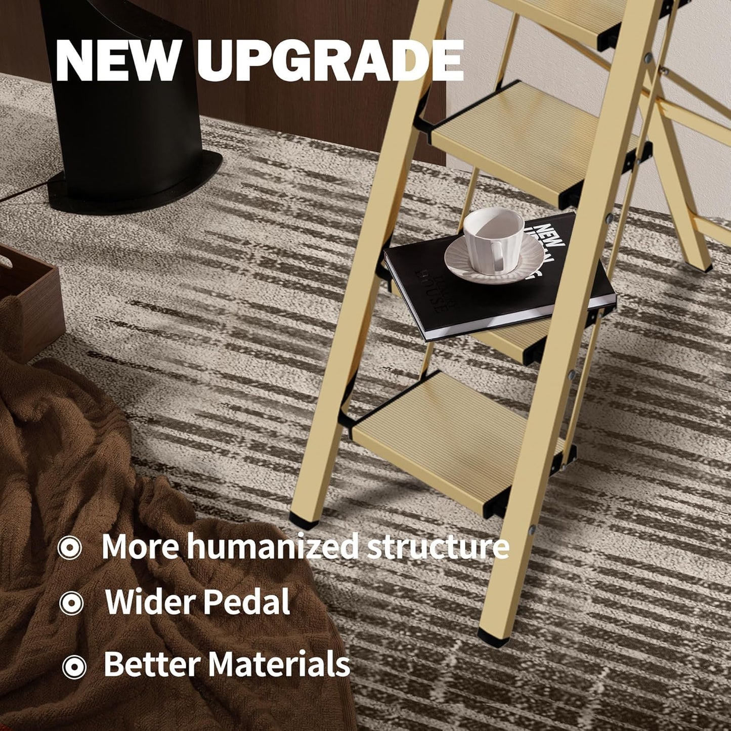 5 Step Step Ladder,Lightweight Folding Step Stool with Anti-Slip Aluminum Wide Pedal&Convenient Handgrip,Steel Ladder for Household and Office(Gold)