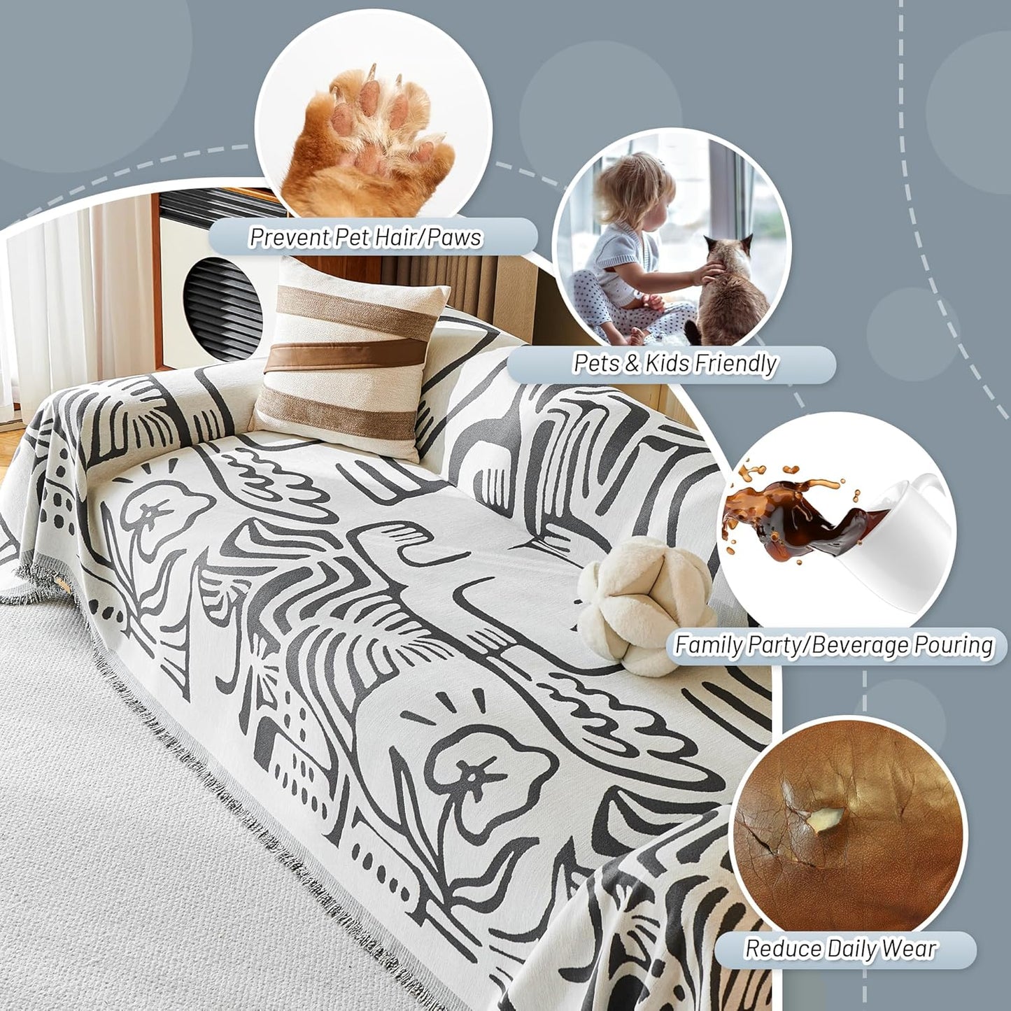 MYSKY HOME Couch Cover for Dogs, Washable Couch Covers, Sofa Covers for Sectional Sofa, Couch Cover 2 Cushion Sofa Dogs Furniture Protector, Chenille Sofa Covers for Pets, 71"x118", Abstract Dark Grey