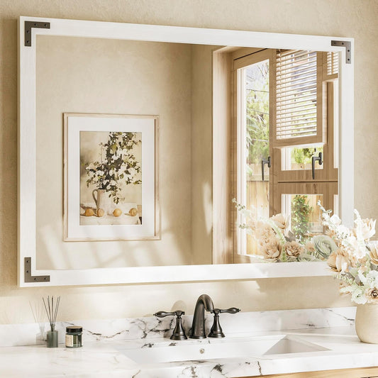 TETOTE 48 x 36 White Wooden Mirror for Bathroom Wall/Bedroom/Living Room/Entryway Farmhouse Rustic Wall Mirror Waterproof (Horizontal/Vertical Mounted)