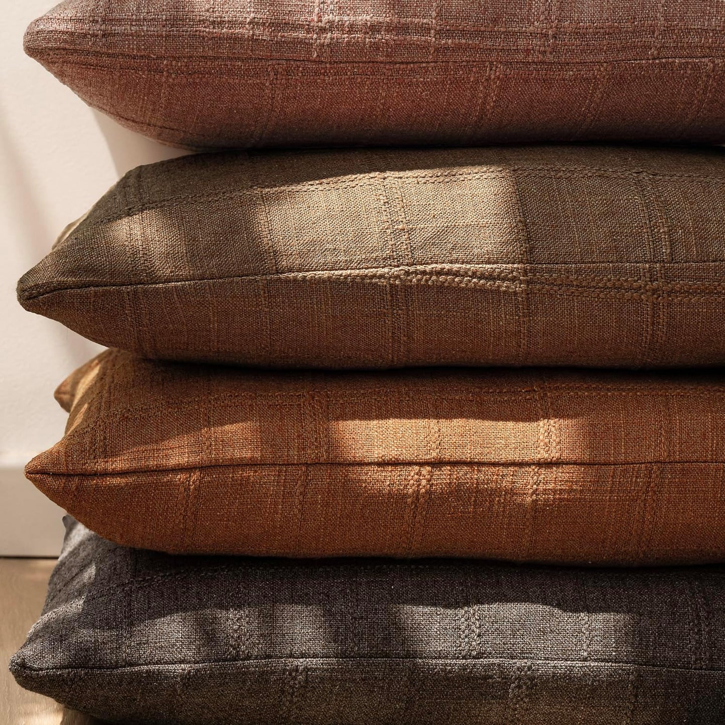 Foindtower Set of 2 Decorative Linen Check Throw Pillow Covers Neutral Farmhouse Vintage Cushion Covers Modern Boho Home Decor for Sofa Chair Couch Bedroom Living Room Outdoor,18×18 Inch,Orange