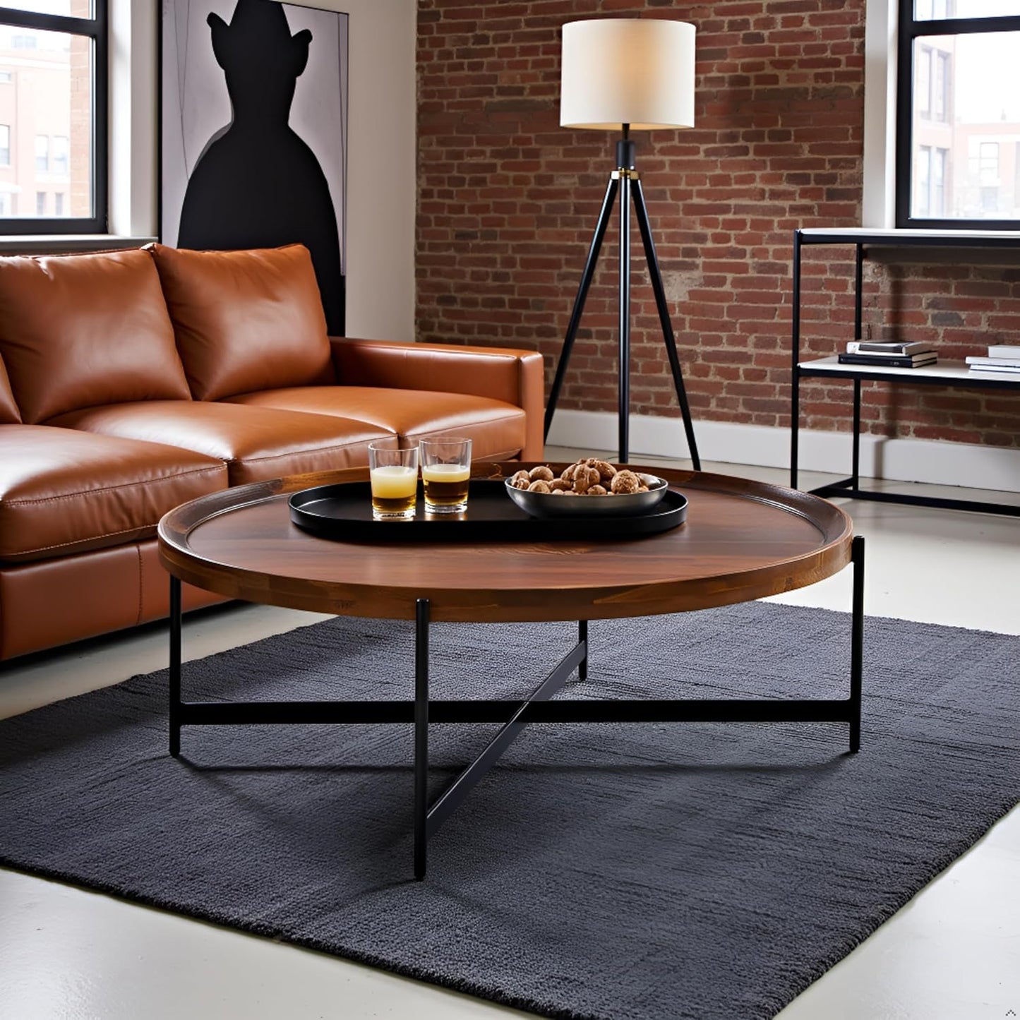 Brookline Solid Acacia Wood 42-Inch Round Coffee Table with Black Powder-Coated Metal Legs – Rustic Industrial Modern Farmhouse Living Room Furniture by Alaterre