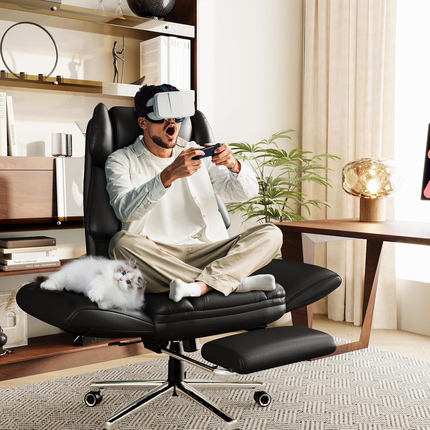 GABRYLLY Ergonomic Chair with Footrest – Wide Cross Legged Chair with Reversible Armrests, 120°Tilt, Lumbar Support,Heavy-Duty Base, Big and Tall Executive Chair Plus, Black, GY82766