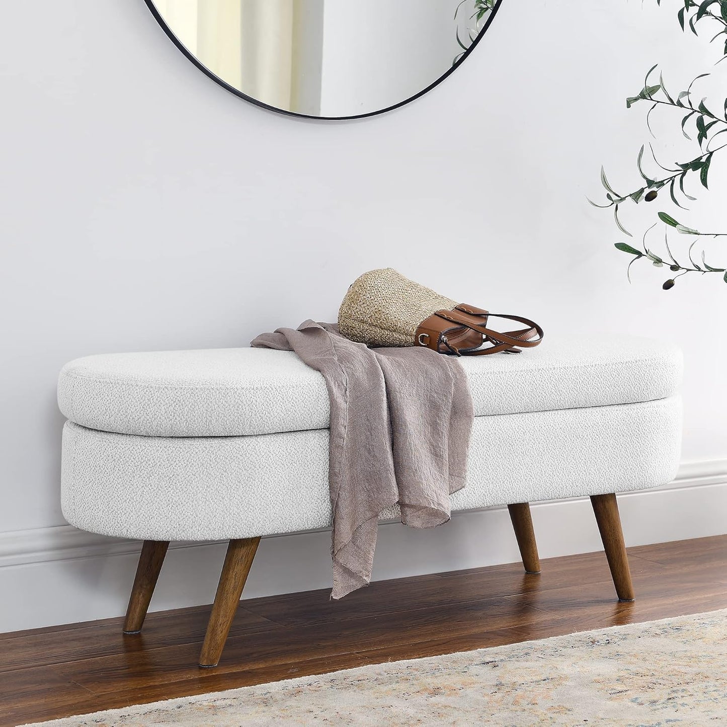 Ottoman Oval Storage Bench with Rubber Wood Legs,Linen Fabric Storage Footstool,for Bedroom, Entryway, Living Room, White(43.5"x16"x16")