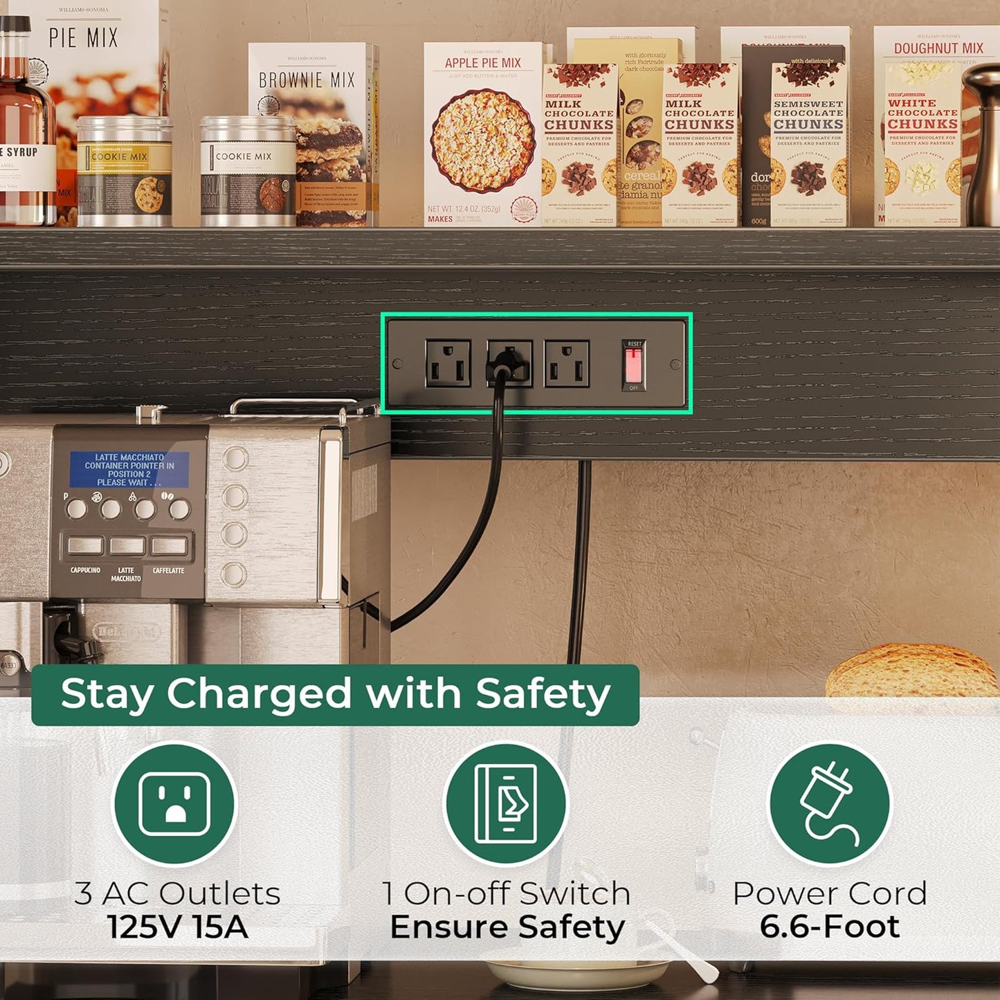 SUPERJARE Bakers Rack with Power Outlet, 35.4 Inches Coffee Bar with Wire Basket, Kitchen Microwave Stand with 6 S-Shaped Hooks, Open Storage Shelves, Black