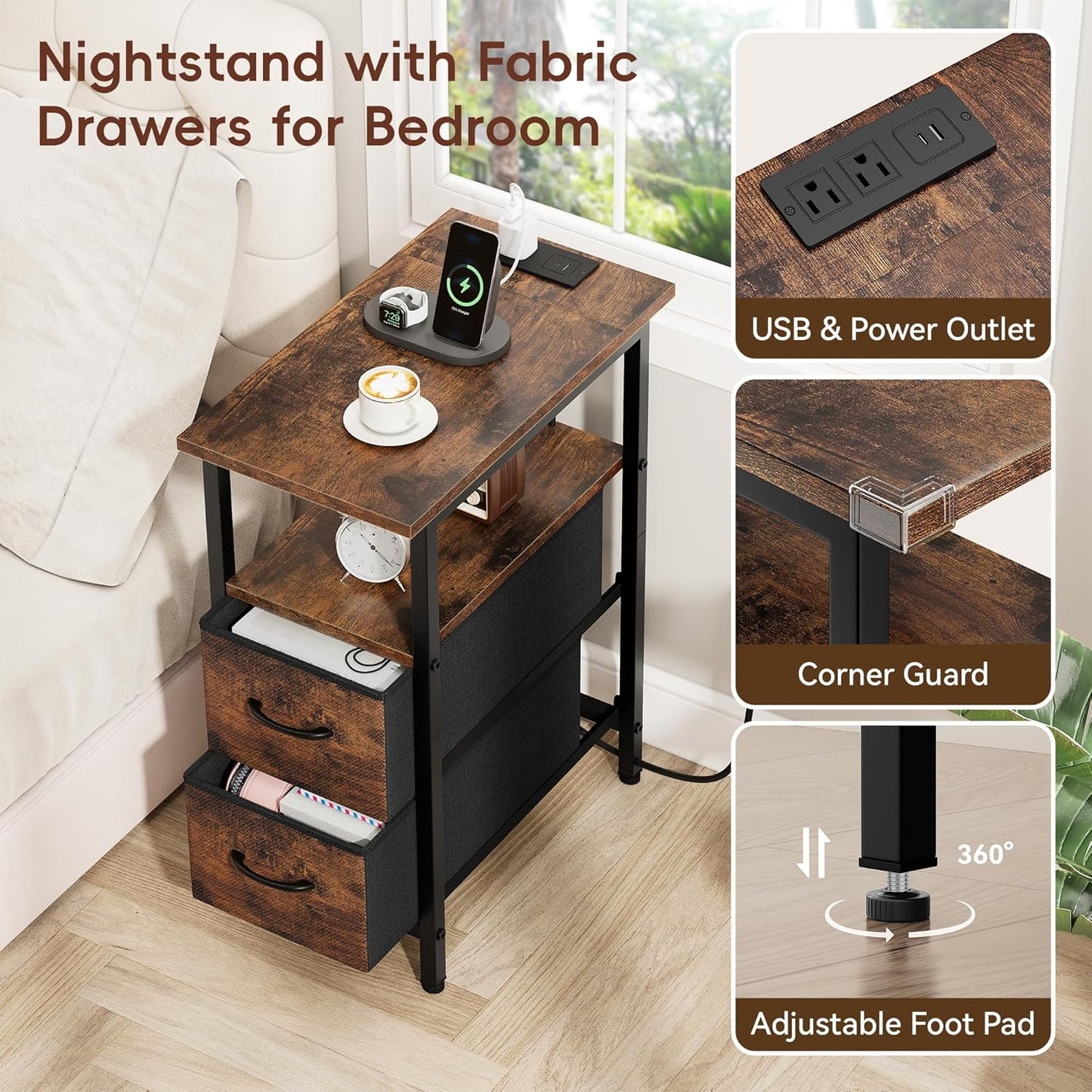 Vagusicc Set of 2 Nightstand with Charging Station and LED Lights, Narrow Side Table, LED Night Stand with 2 Fabric Drawers, Bedside Table Small End Table, Tall Nightstand for Bedroom, Rustic Brown