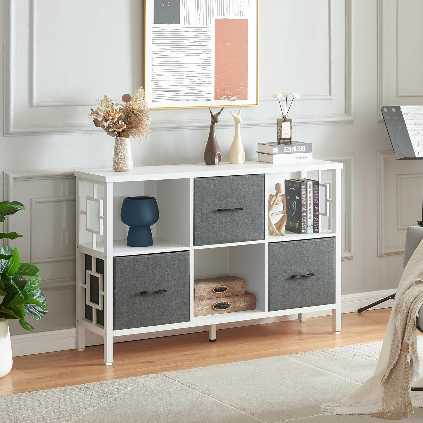 HOMISSUE 6 Cube Storage Organizer Shelf, Rustic Short Bookshelf with 3 Storage Bins, Industrial Horizontal Bookshelf with Metal Frame, Low and Wide Cube Bookcase for Living Room and Office, White