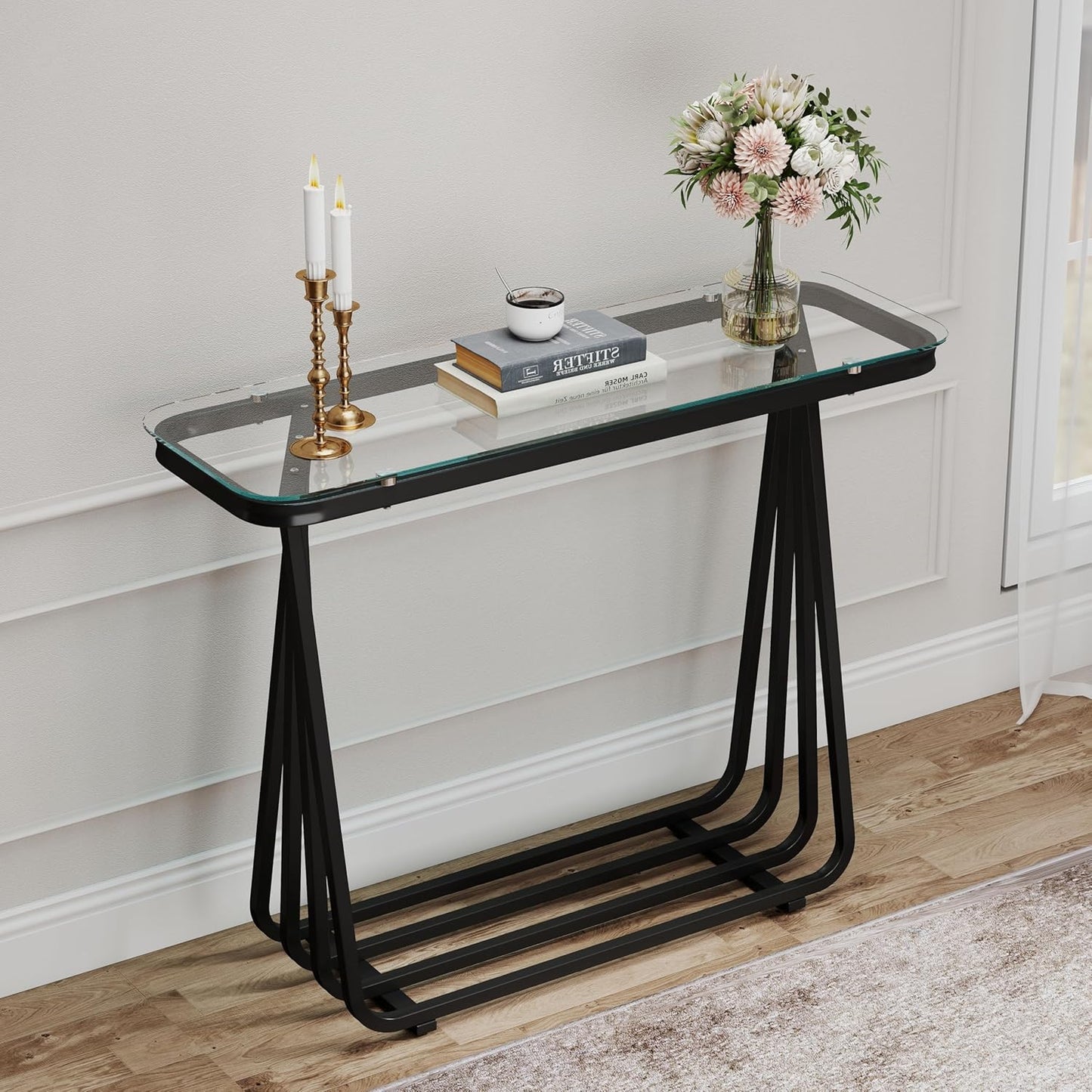 OIOG Glass Console Table for Entryway, Modern Entrance Table with Tempered Glass, Black Sofa Table for Living Room Hallway