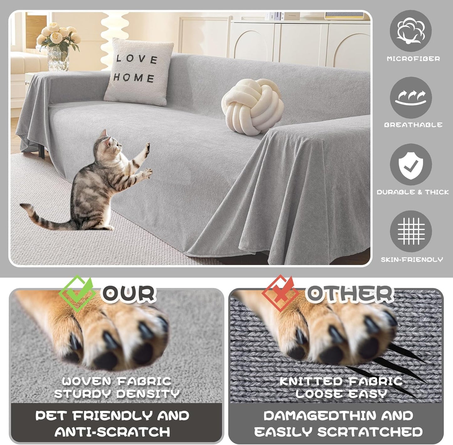 MYSKY HOME Couch Covers Couch Cover 3 Cushion Sofa, Couch Covers for Pet, Dog Couch Protector, L Shape Sofa Cover Non Slip Sofa Slipcover Washable Furniture Covers for Pets, 91"x 150", Light Grey