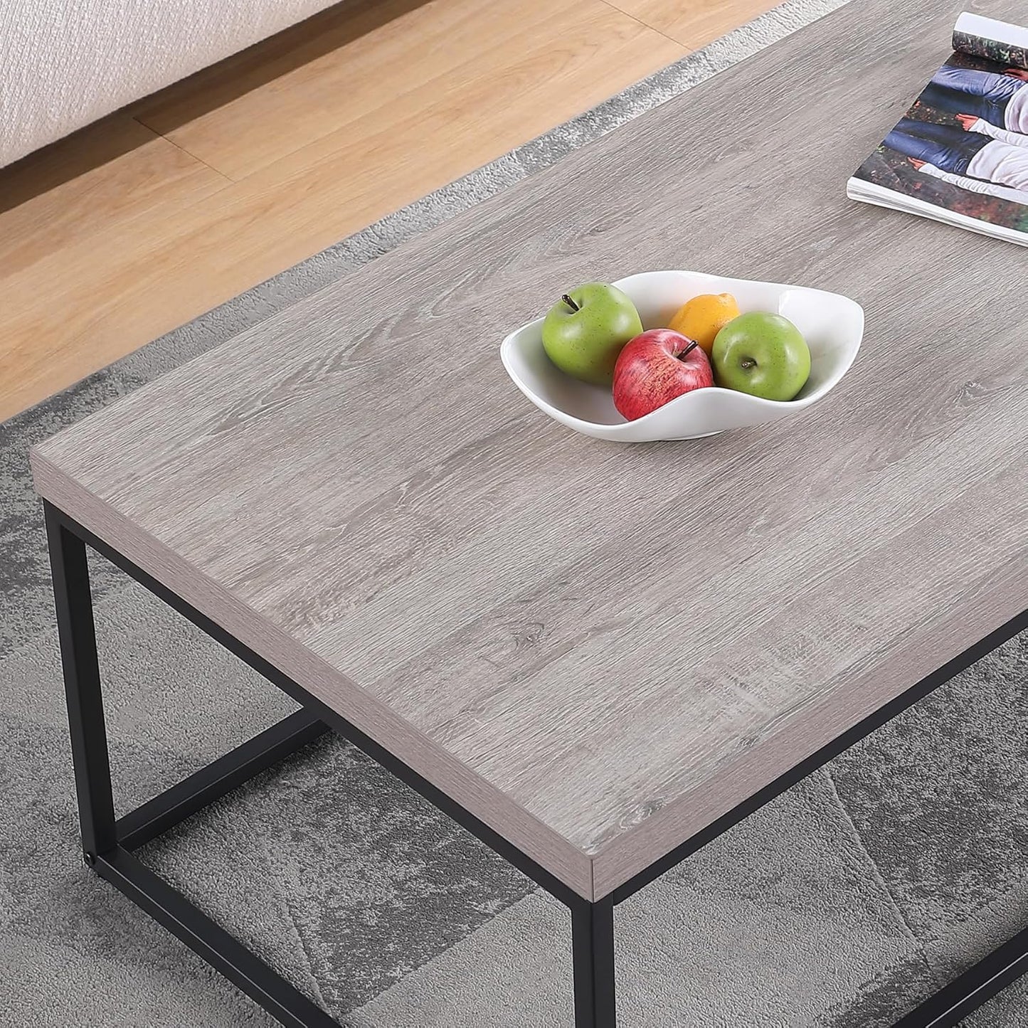 CENSI 47-Inch Grey Wash Accent Coffee Table/Center Table for Living Room, Rectangle Modern Industrial Style,Wood and Metal, Max.Loading 220 lbs. (French Oak)