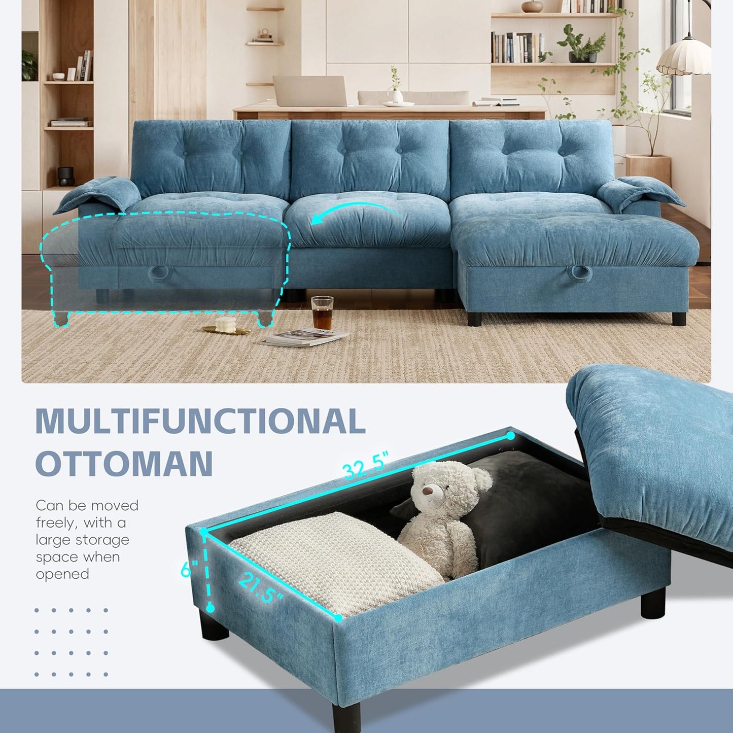 Mreax L-Shape Sectional Sofa with Movable Storage Ottoman and Multifunctional Armrest, 4 Seater Oversized Chenille Upholstered Cloud Couch for Living Room, Apartment, Unique Tufted Design, Light Blue