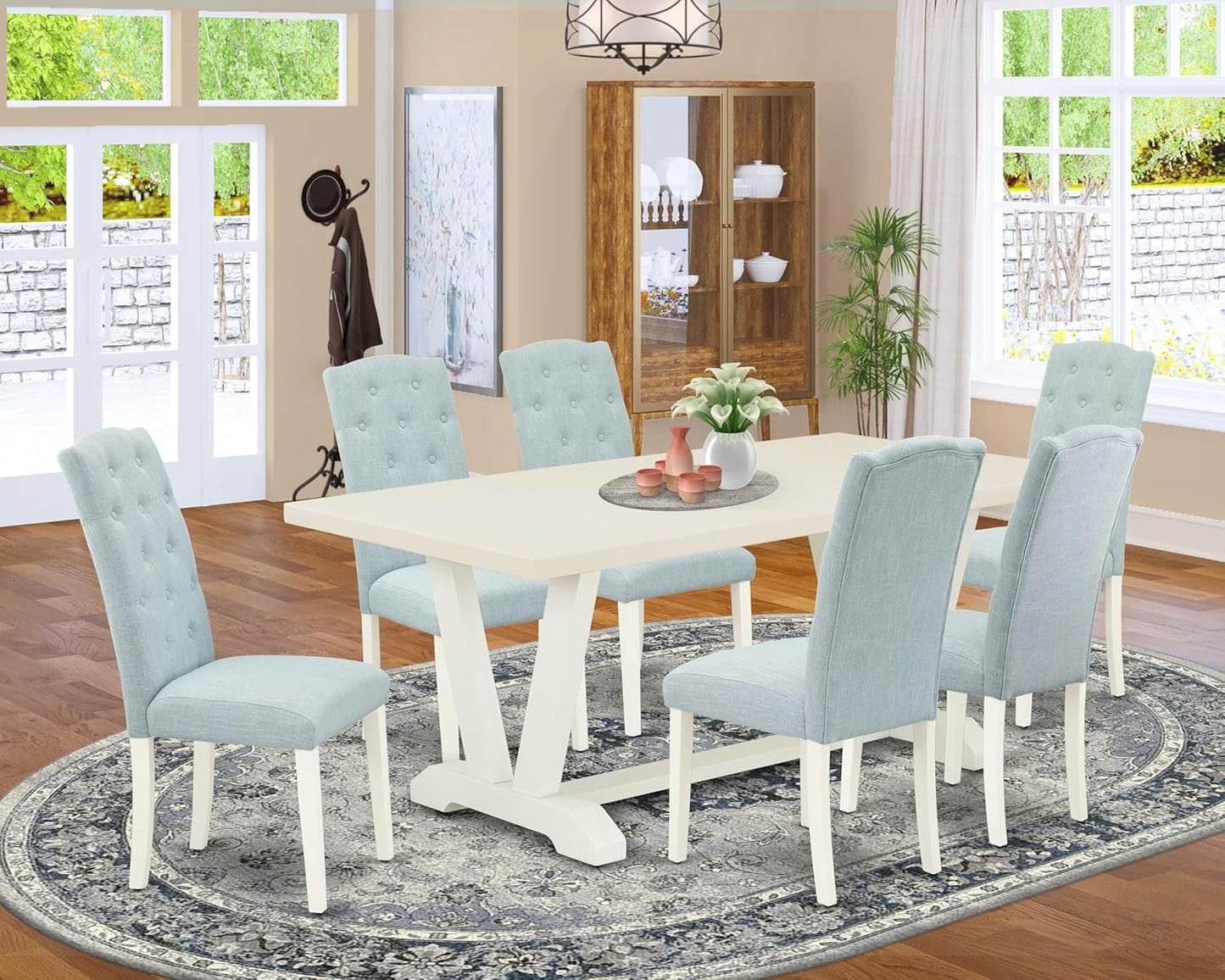 East West Furniture V027CE215-7 7 Piece Dining Room Table Set Consist of a Rectangle Kitchen Table with V-Legs and 6 Baby Blue Linen Fabric Parsons Dining Chairs, 40x72 Inch, Multi-Color