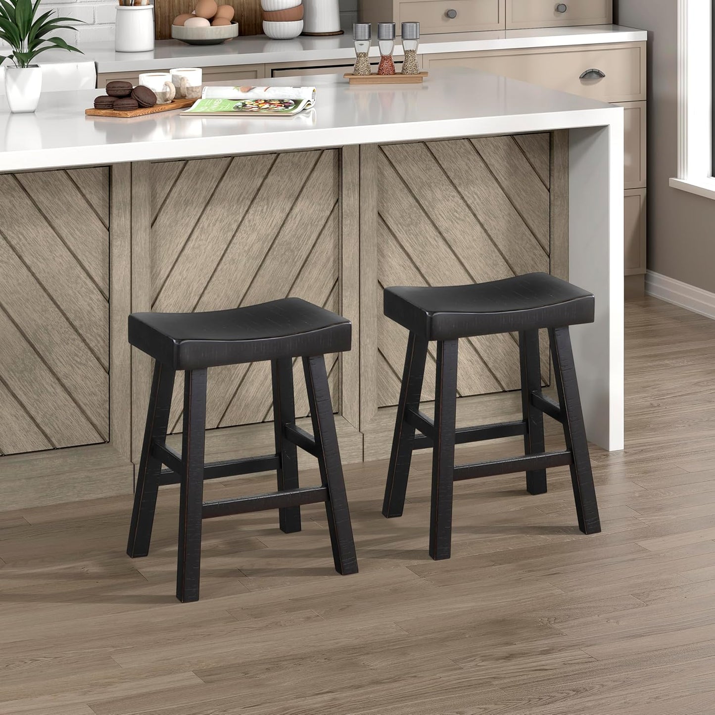 Lexicon Saddle Bar Stools Set of 2 Barstools with Footrest, Armless Dining Chairs for Kitchen Island, Breakfast Nook, Living Room, Counter Height, Black