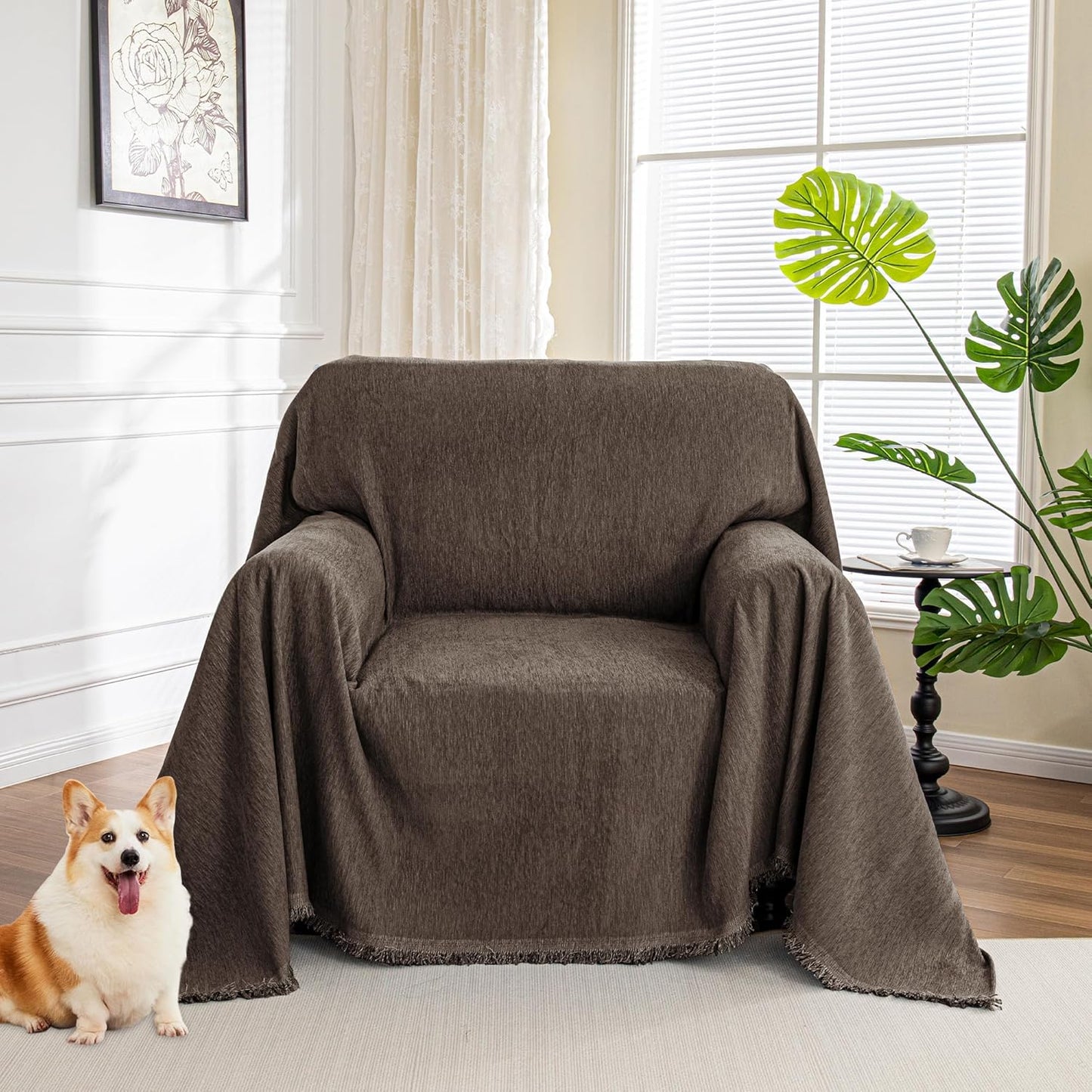 MYSKY HOME Oversized Armchair Couch Cover for 1 Cushion Couch, Washable Sofa Protector, Chair Couch Covers Sofa Covers Sofa Throws Sofa Slipcovers Futon Cover for Pet, Kid, 71"X91", Chocolate