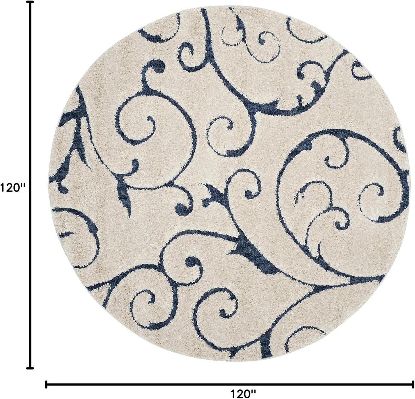 SAFAVIEH Florida Shag Collection 10' Round Cream/Blue SG455 Scrolling Vine Graceful Swirl Textured Non-Shedding Living Room Bedroom Dining Room Entryway Plush 1.2-inch Thick Area Rug