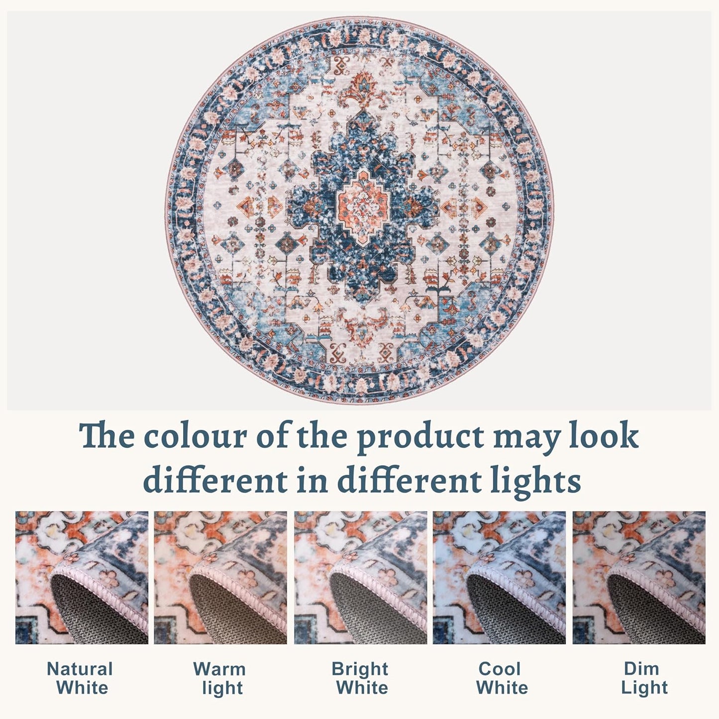 Tangsoo Vintage Round Rug 6ft, Washable Circle Rug, Non Slip Boho Round Area Rug,Low Pile Circular Rugs,Large Round Rugs Carpet for Livingroom,Bedroom,Nursery,Dorm,Office,Blue/Orange