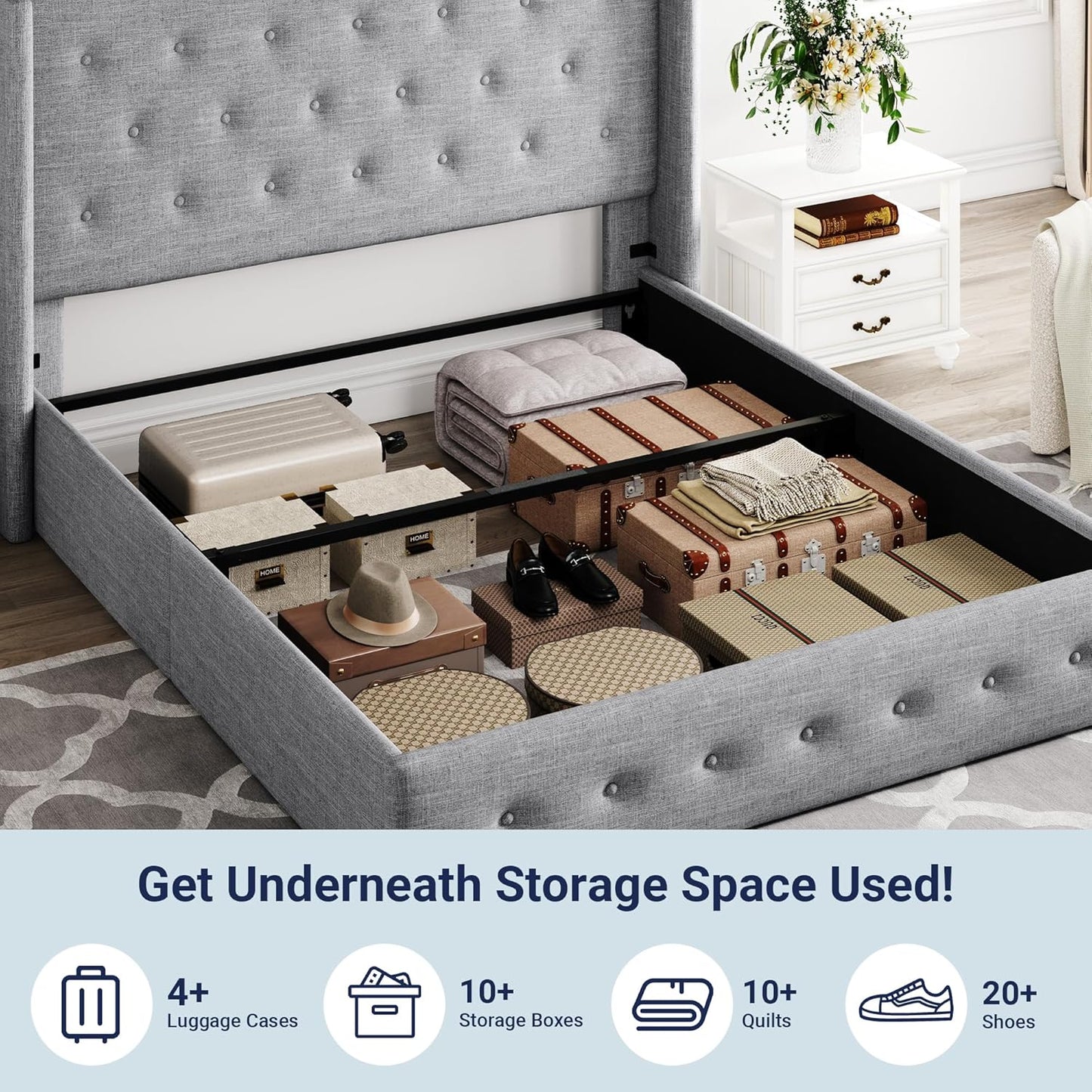 Allewie Full Size Lift Up Storage Bed, Button Tufted Headboard with Wingback, Hydraulic Support, No Box Spring Needed, Light Grey